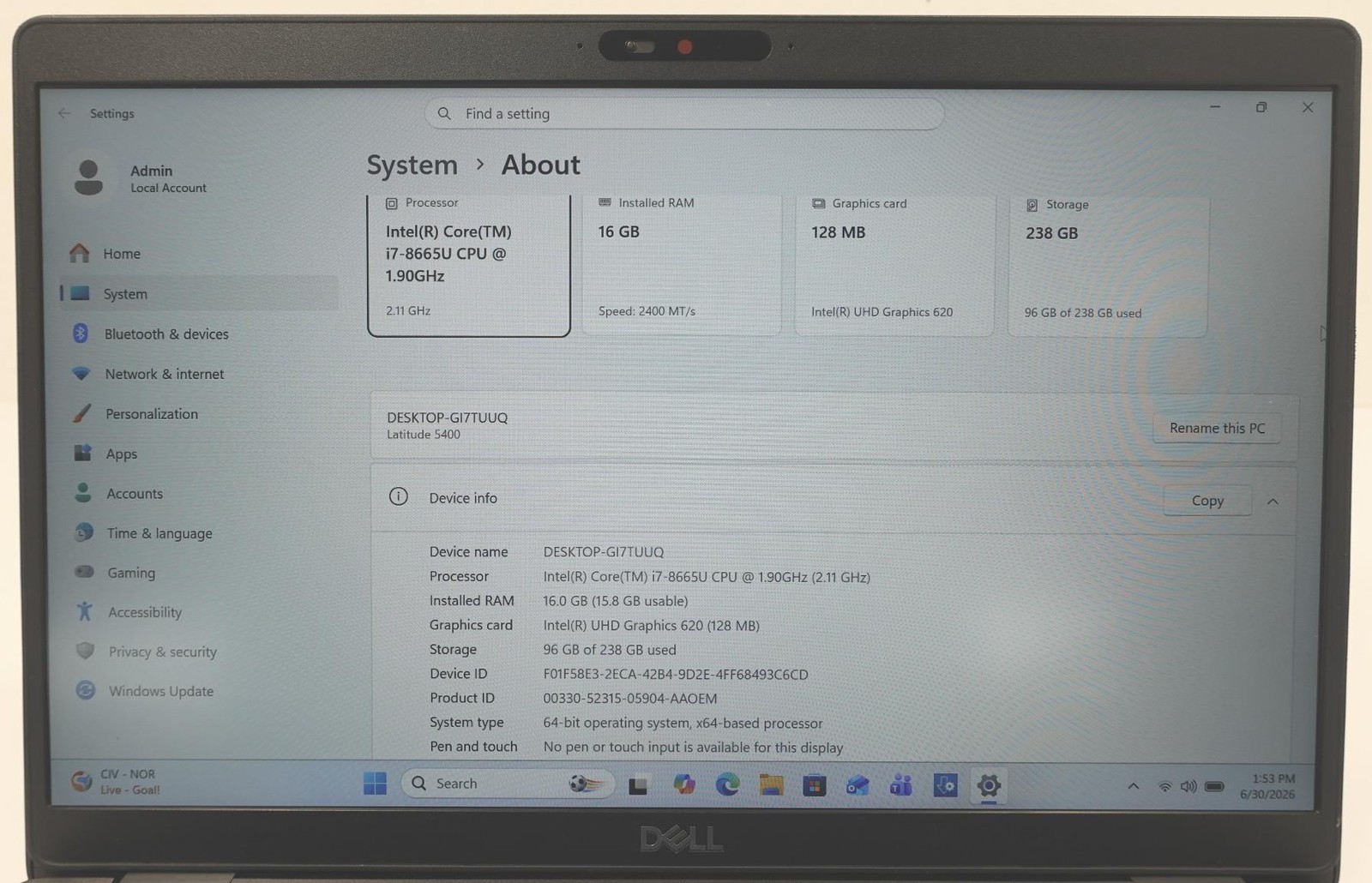 Dell Latitude 5400 14″ Core I7-8665U 1.90GHz 16GB 256GB SSD Laptop