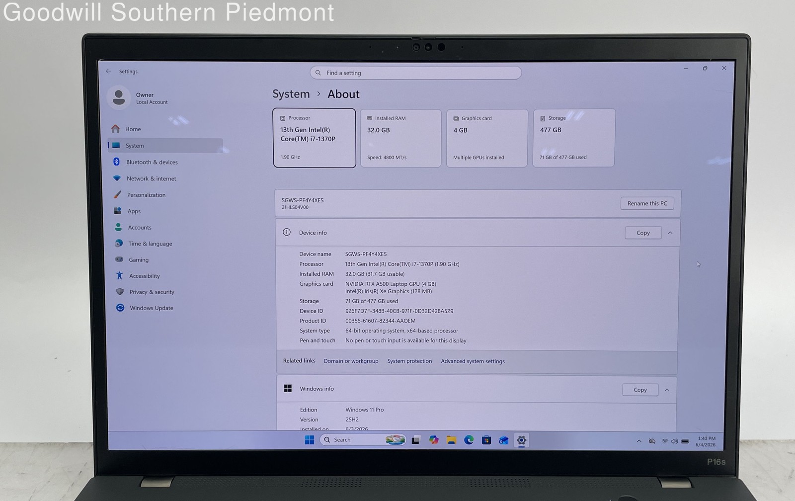 Lenovo P16s Gen 2 Intel Core i7-1370p 1.90GHz 32GB RAM 512GB SSD Win 11 RTX A500