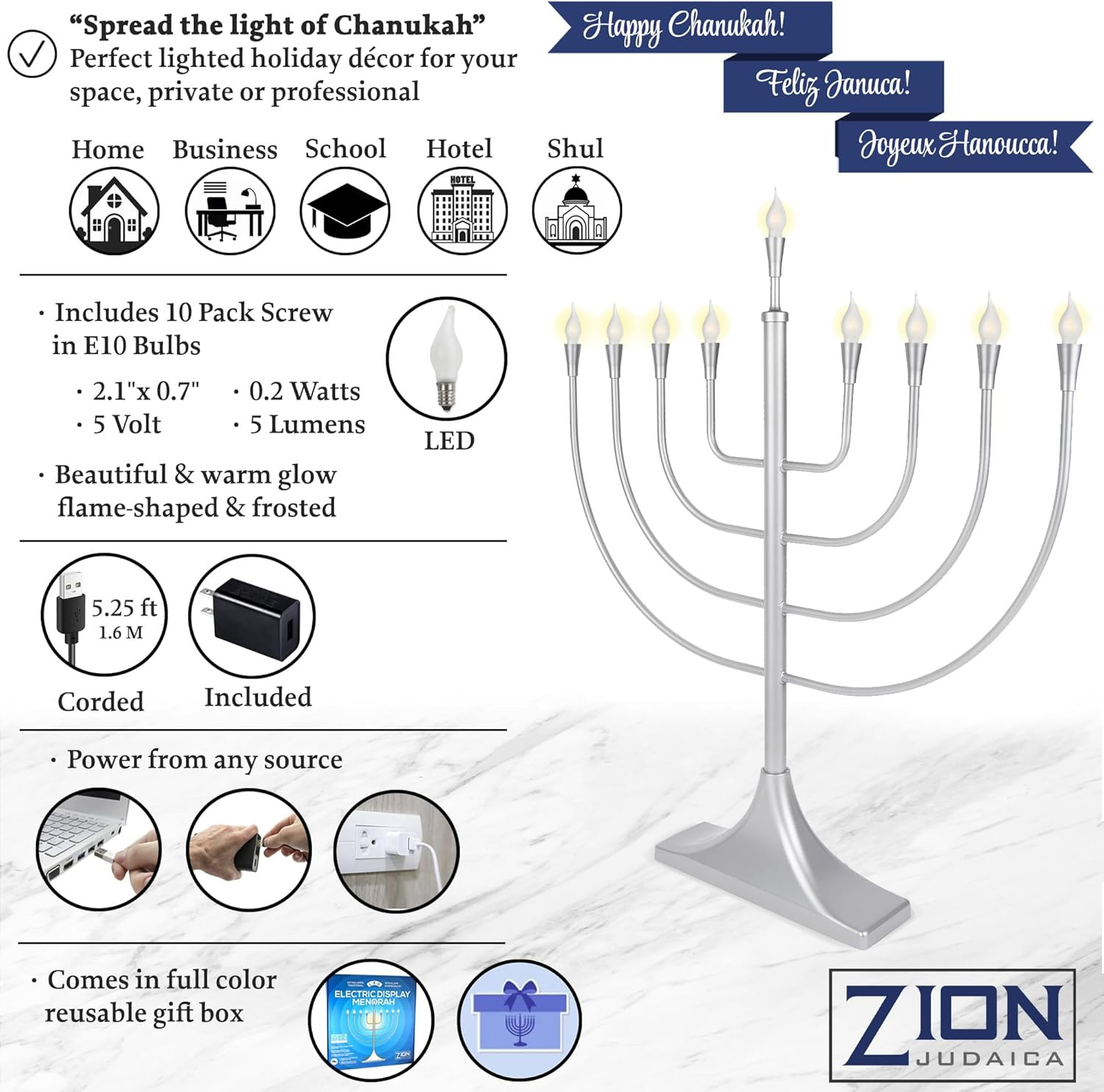 Extra Large Display Electric Menorah Satin Silver 23″ Tall – with Flame Shaped B