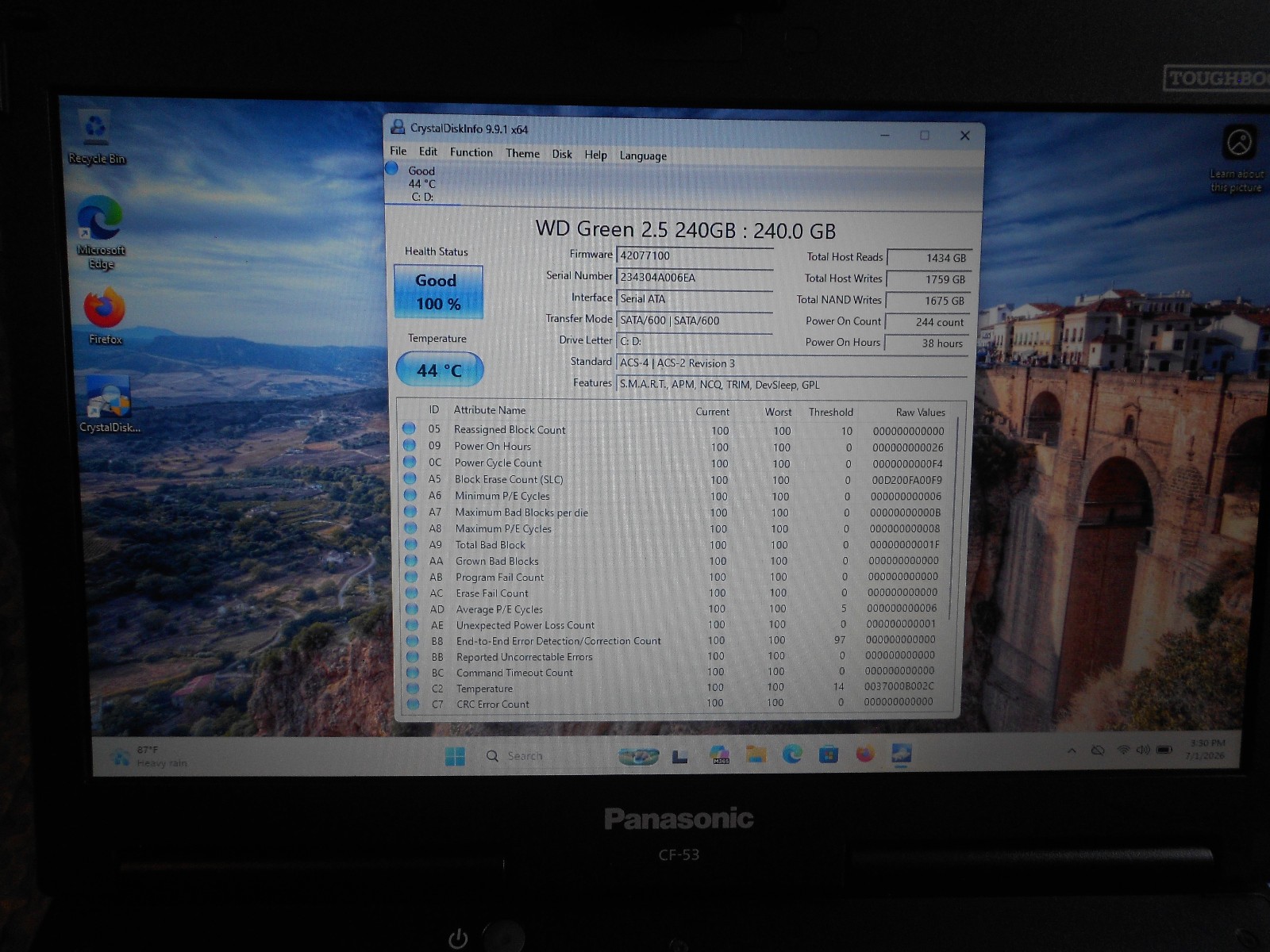 Panasonic CF-53 Tough Book I5 2.00 GHz CPU 8 GB RAM 240 GB SSD Windows 11 Pro