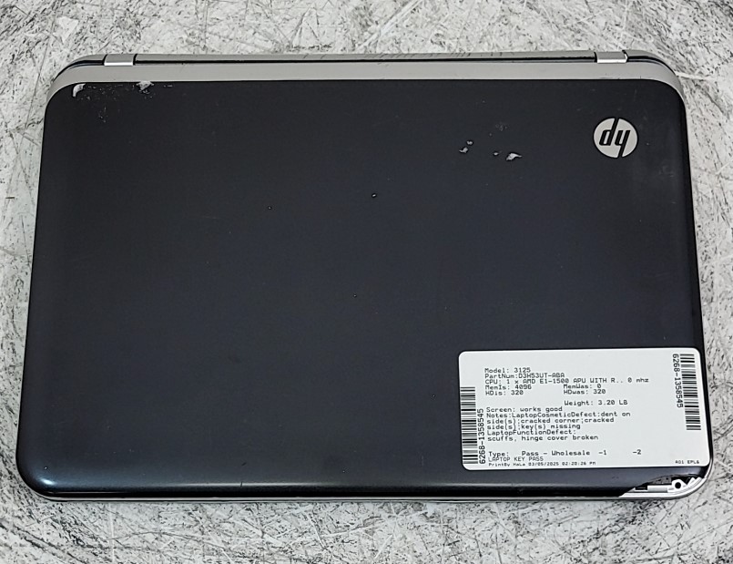 HP 3125 D3H53UT#ABA Laptop AMD E1-1500 w/RADEON HD 4GB 320GB SEE NOTES