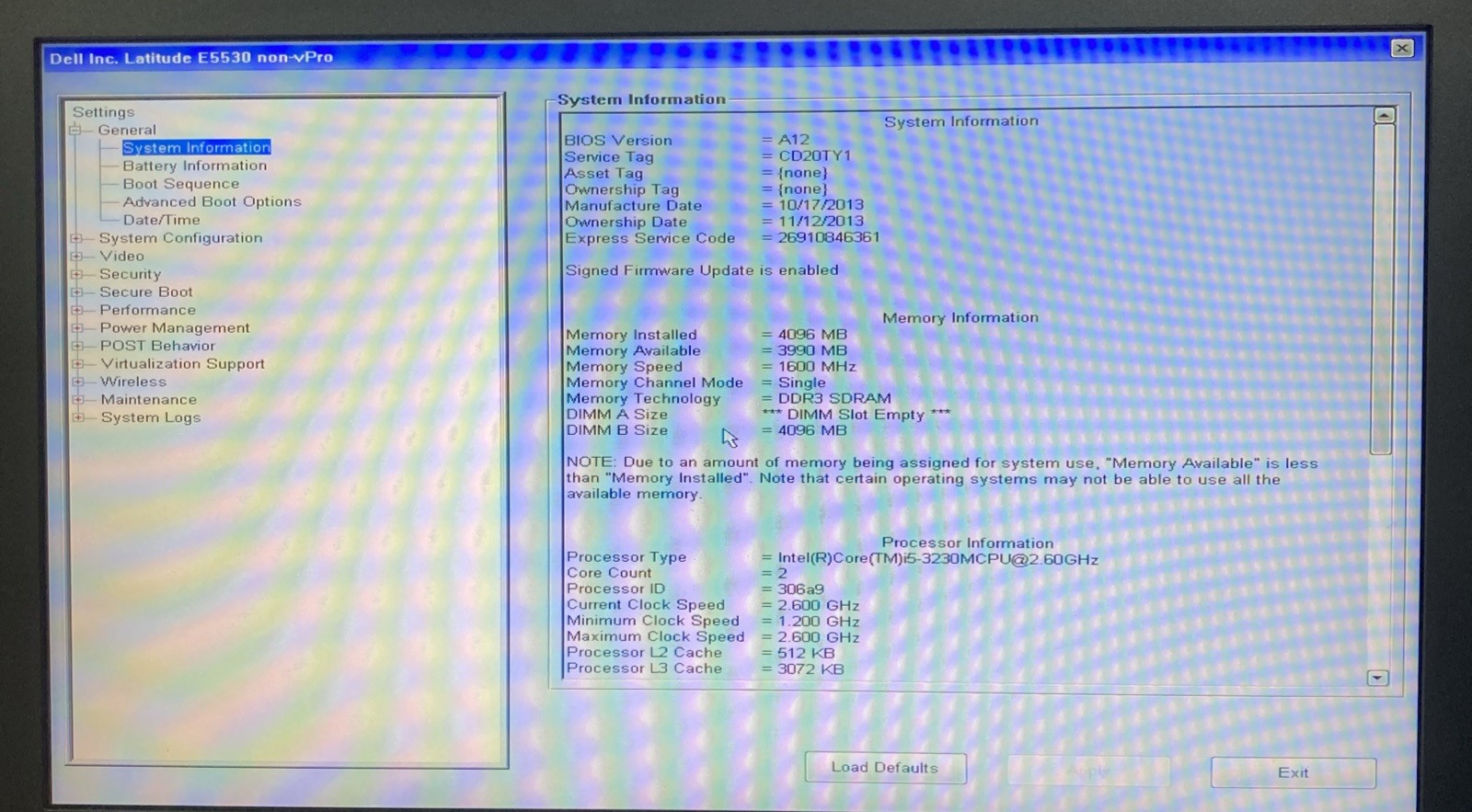 DELL LATITUDE E5530 INTEL I5 3230 2.60GHz 4 RAM no HDD Boot to BIOS