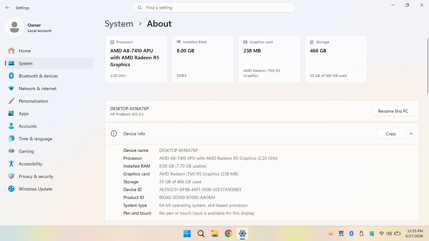 HP PROBOOK 455 G3,15.6″,AMD A8-7410,8GB RAM, 500GB SSD, WIN11 PRO – T1B72UT