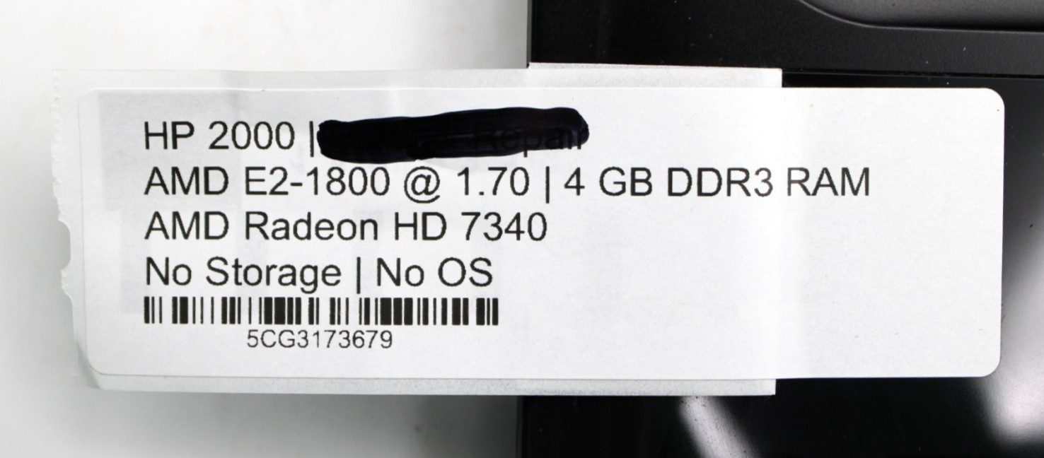HP 2000 AMD E2-1800@1.70GHz 4GB DDR3 NO STORAGE OR OS *USED/TESTED*