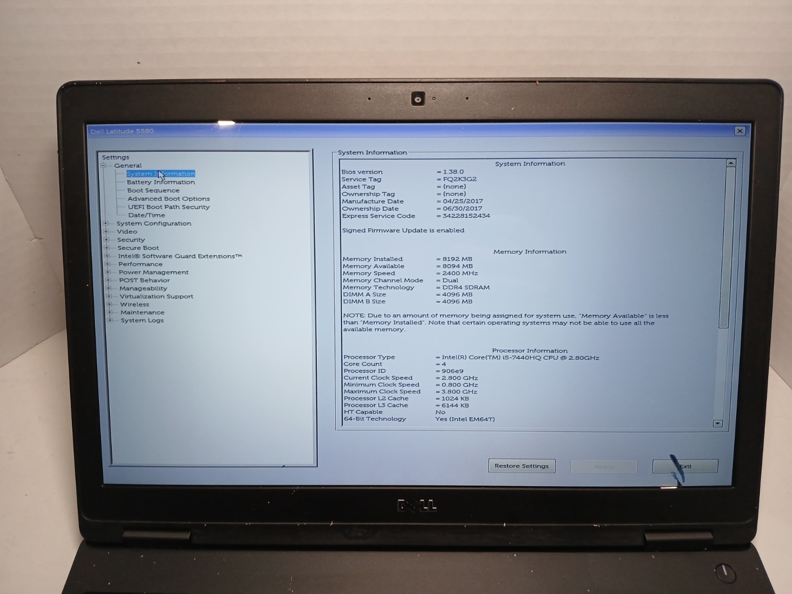 Dell Latitude 5580 15.6″ i5-7th gen Laptop NO RAM/SSD/HDD. BAD LCD #97