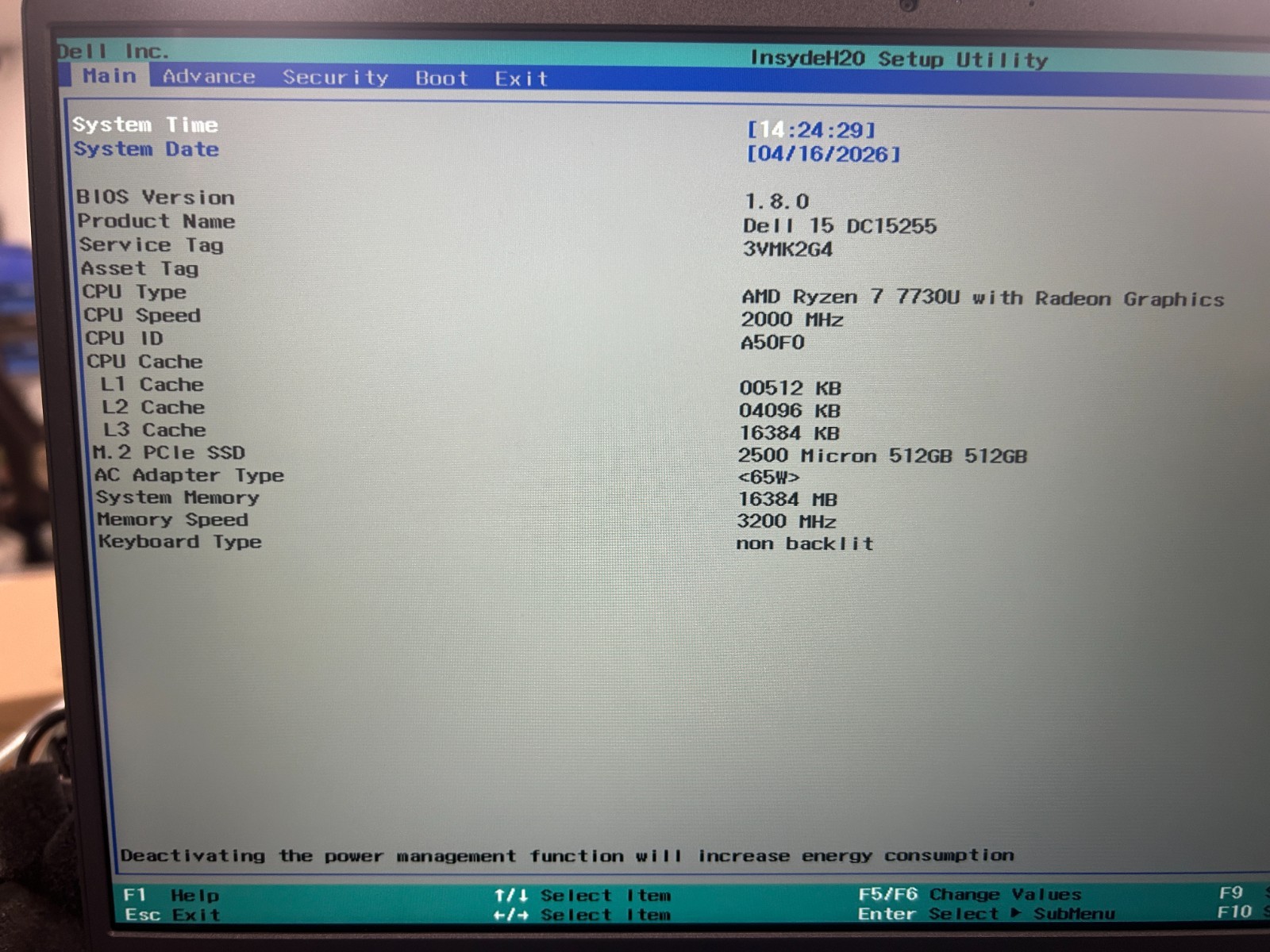 DELL 15 DC15255 G8MK9, AMD Ryzen 7 7730U, 2.00 GHz, 16 GB RAM 512 GB NVMe SSD