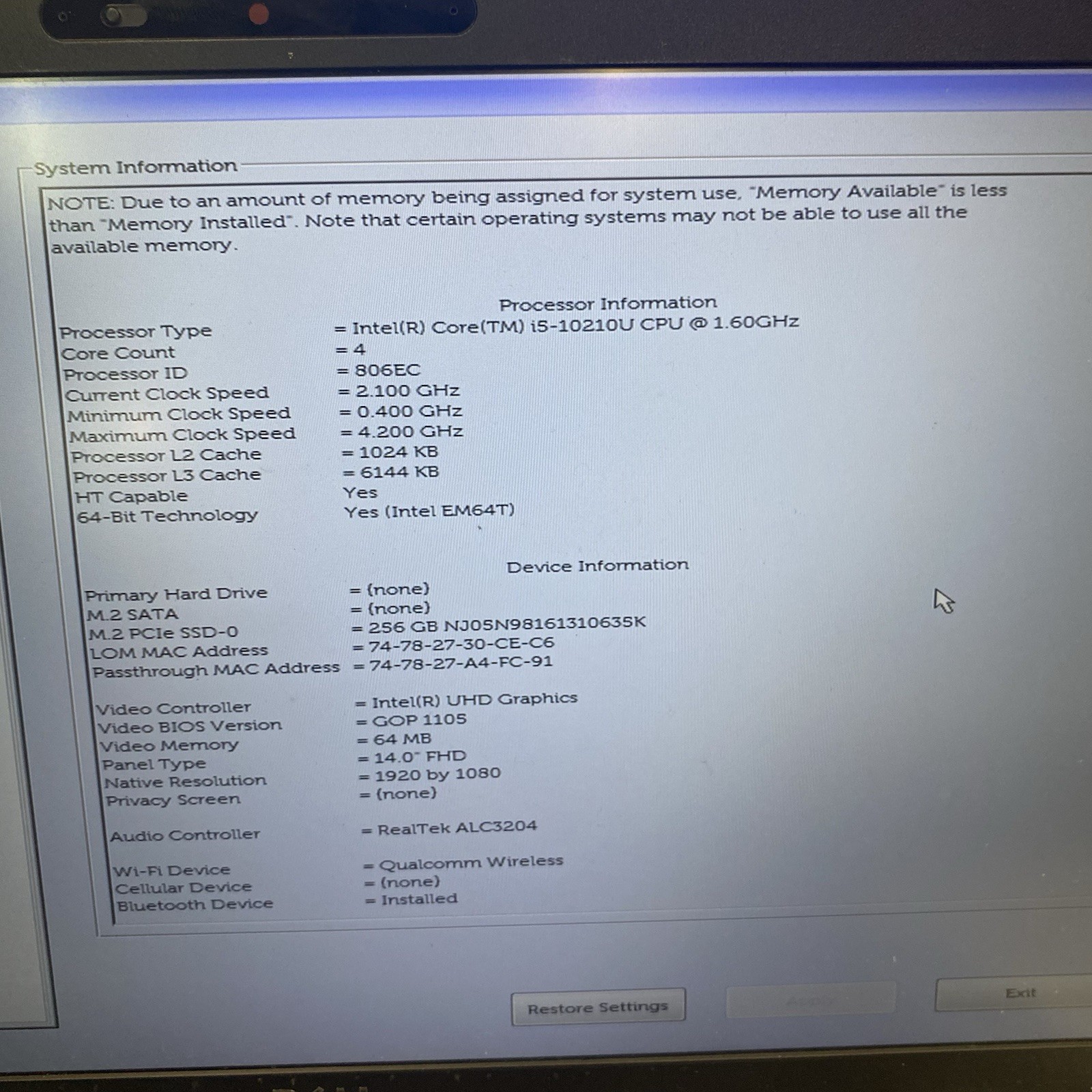 Dell Latitude 5410 Intel i5-10210U@1.60Ghz 16GB 256GB NVMe SSD Laptop Win11 Pro