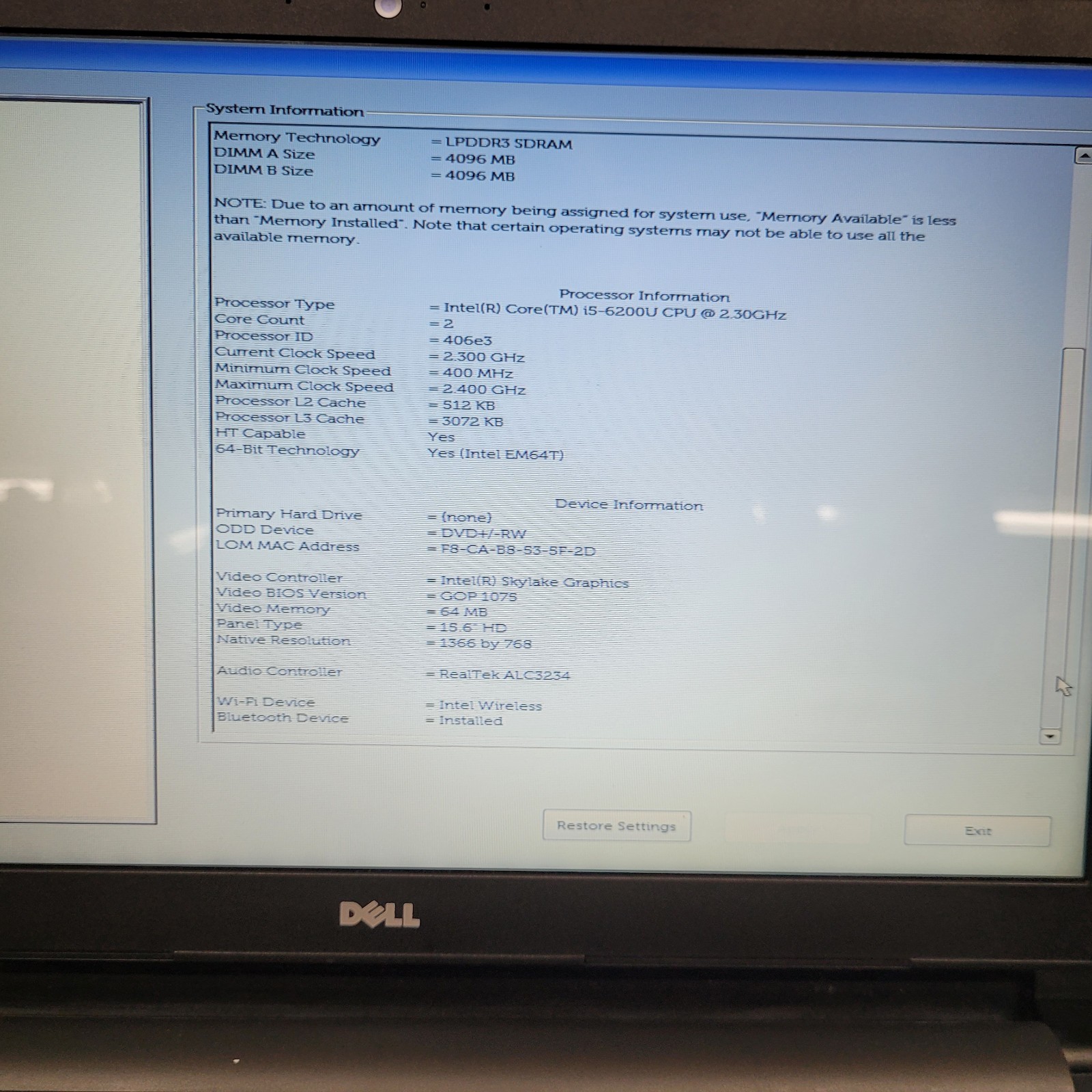 Laptop Dell P51F Intel Core i5-6200U @2.30Hz, 8 GB RAM, WINDOWS 11