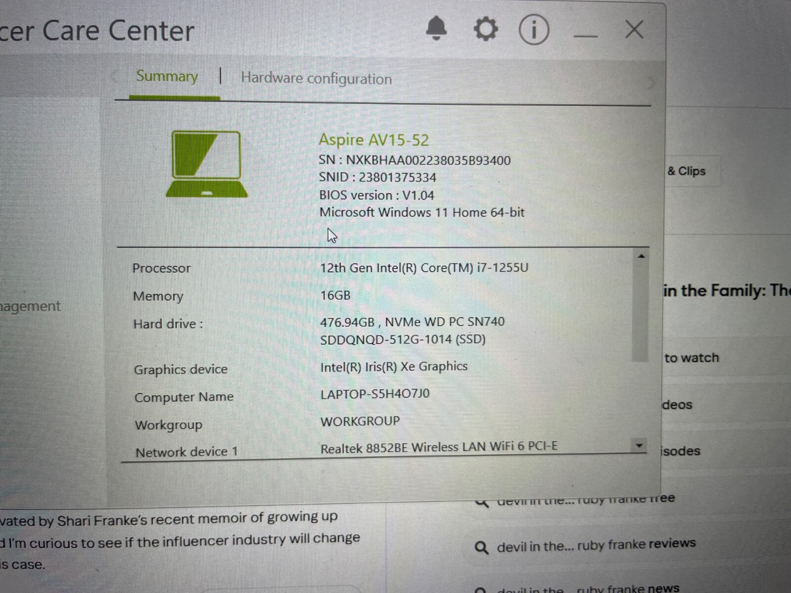 Acer Aspire Vero – 15.6″ Laptop Intel Core i7-1355U 1.70GHz 16GB 512GB SSD W11H