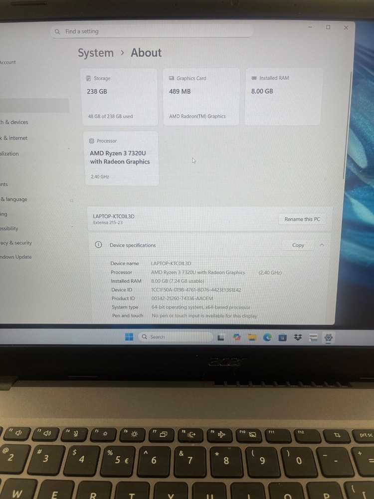 Acer N23C3 Extensa 215-23 8gb ram Ryzen 3 7320U Radeon Graphics 256 SSD 15.6″