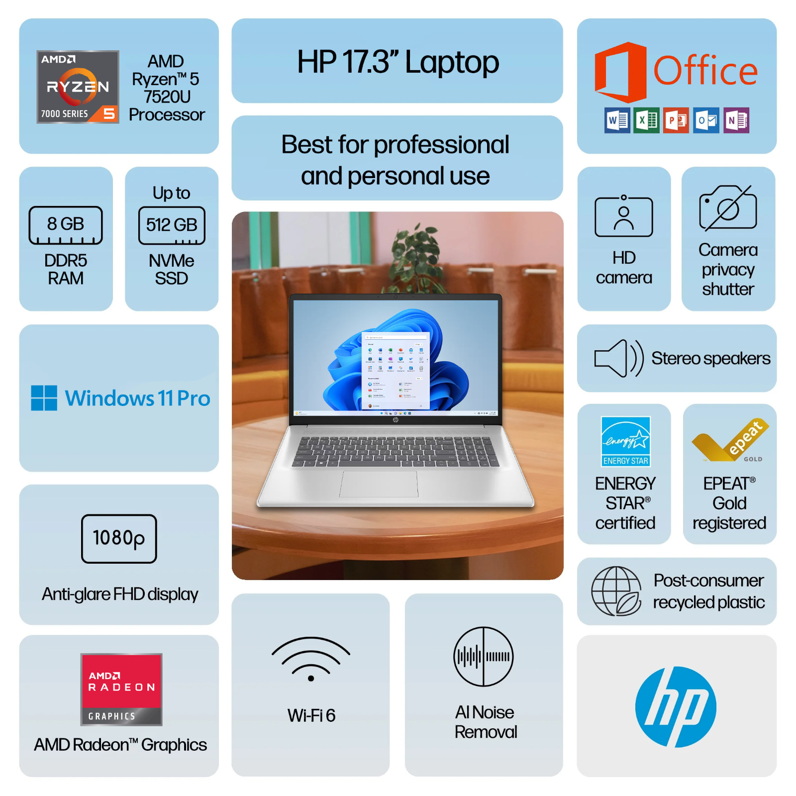 2026 HP 17.3″ Laptop Computer Office 2024 Ryzen 5 8GB RAM & Up to 512GB SSD Pro