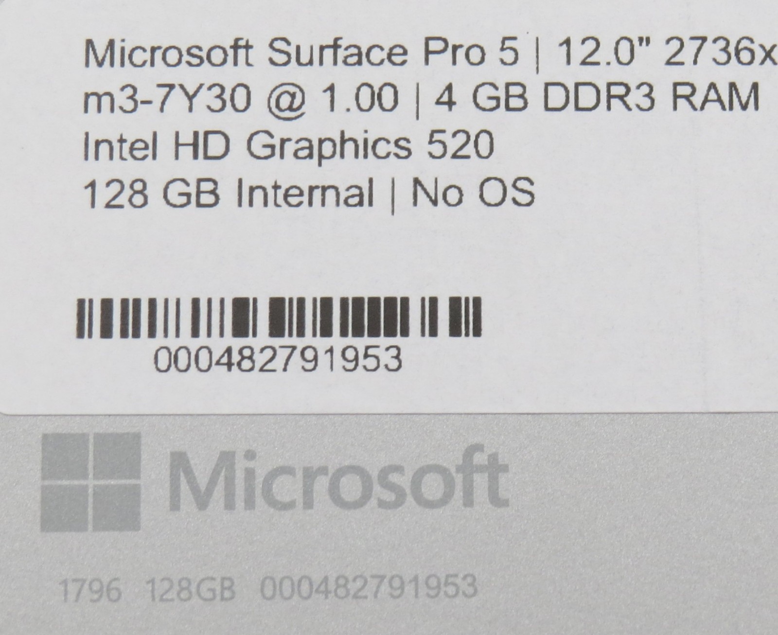 Microsoft Surface Pro 5 1796 | M3-7Y30 | 4GB RAM | 128GB SSD | No OS / AC