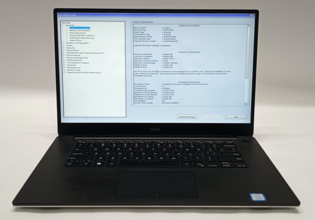 DELL XPS 15 7590 15.6″FHD i5-9300H@2.40GHz 8GB RAM 256GB NVMe WIN 11 Pro WH762*!