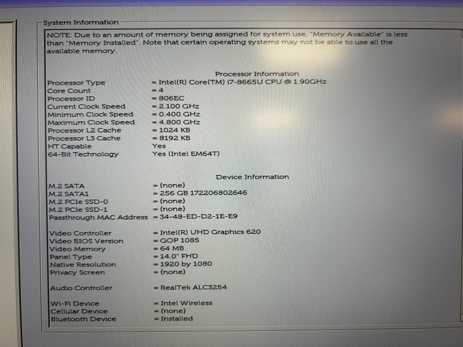 Latitude 7400, 14 Inch Screen, i7-8650U 1.90 GHz, Intel(R) UHD Graphics 620