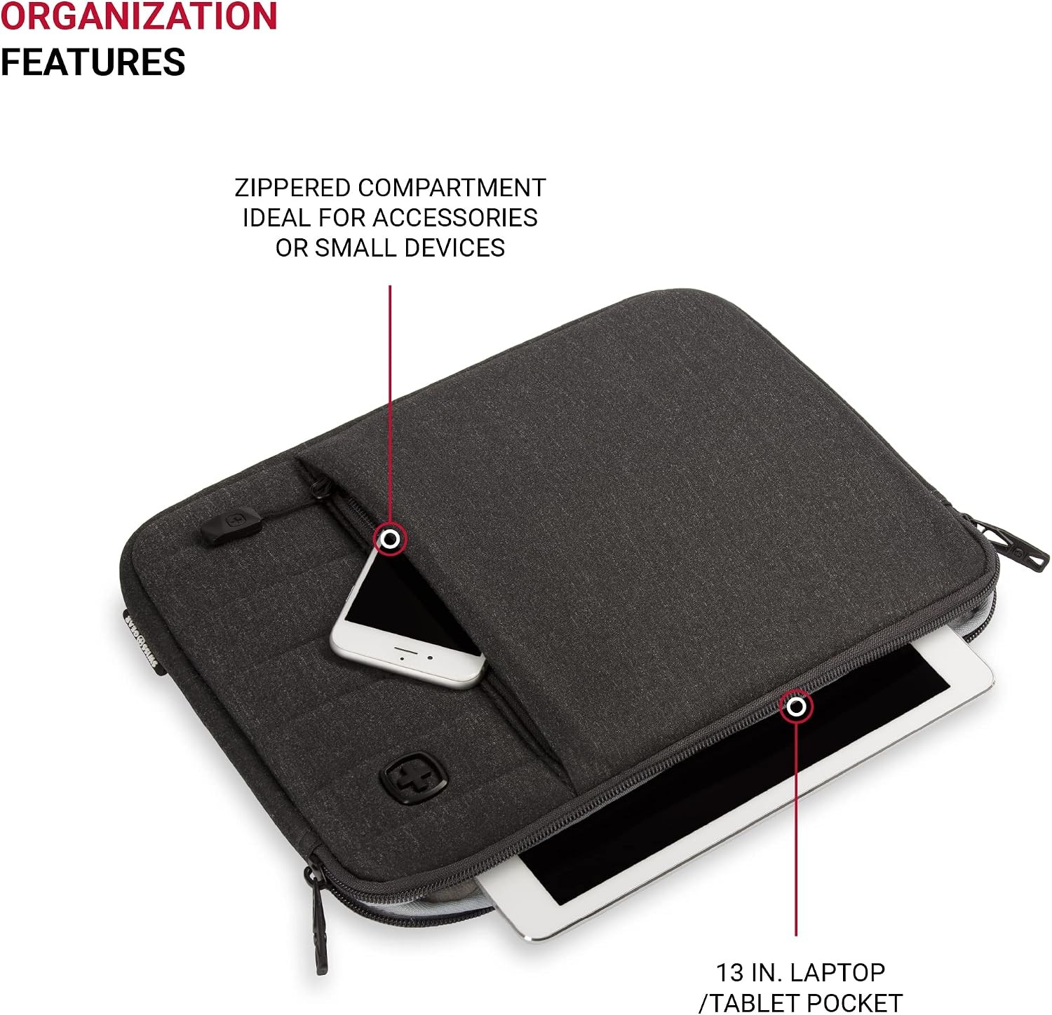 Charcoal Heather Micro-Twill Laptop Case, Padded Sleeve with Zippered Front Comp