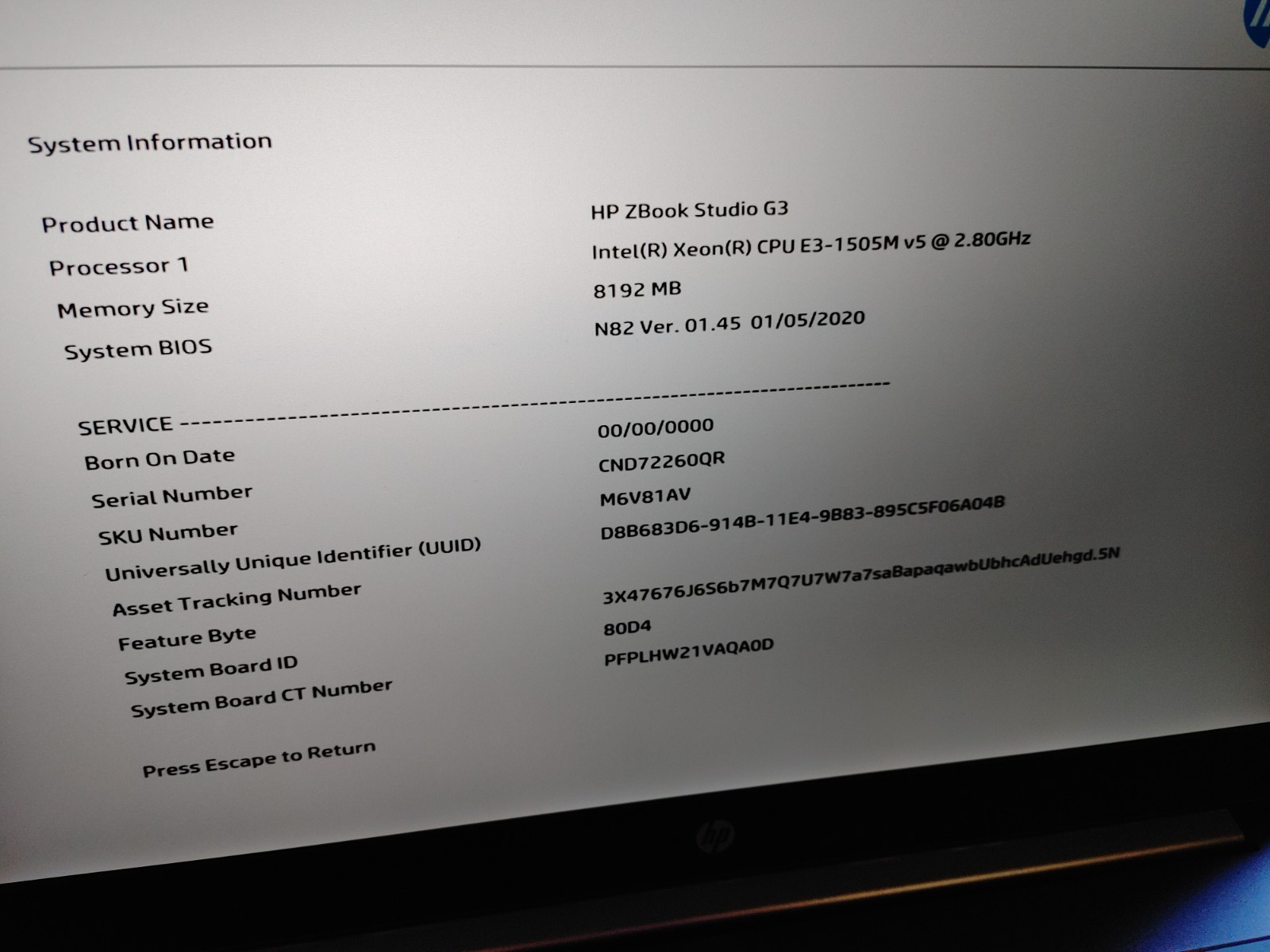 HP ZBook Studio G3 Xeon E-1505M v5 @2.80GHz,8GB RAM, NO SSD FOR PARTS/Repair