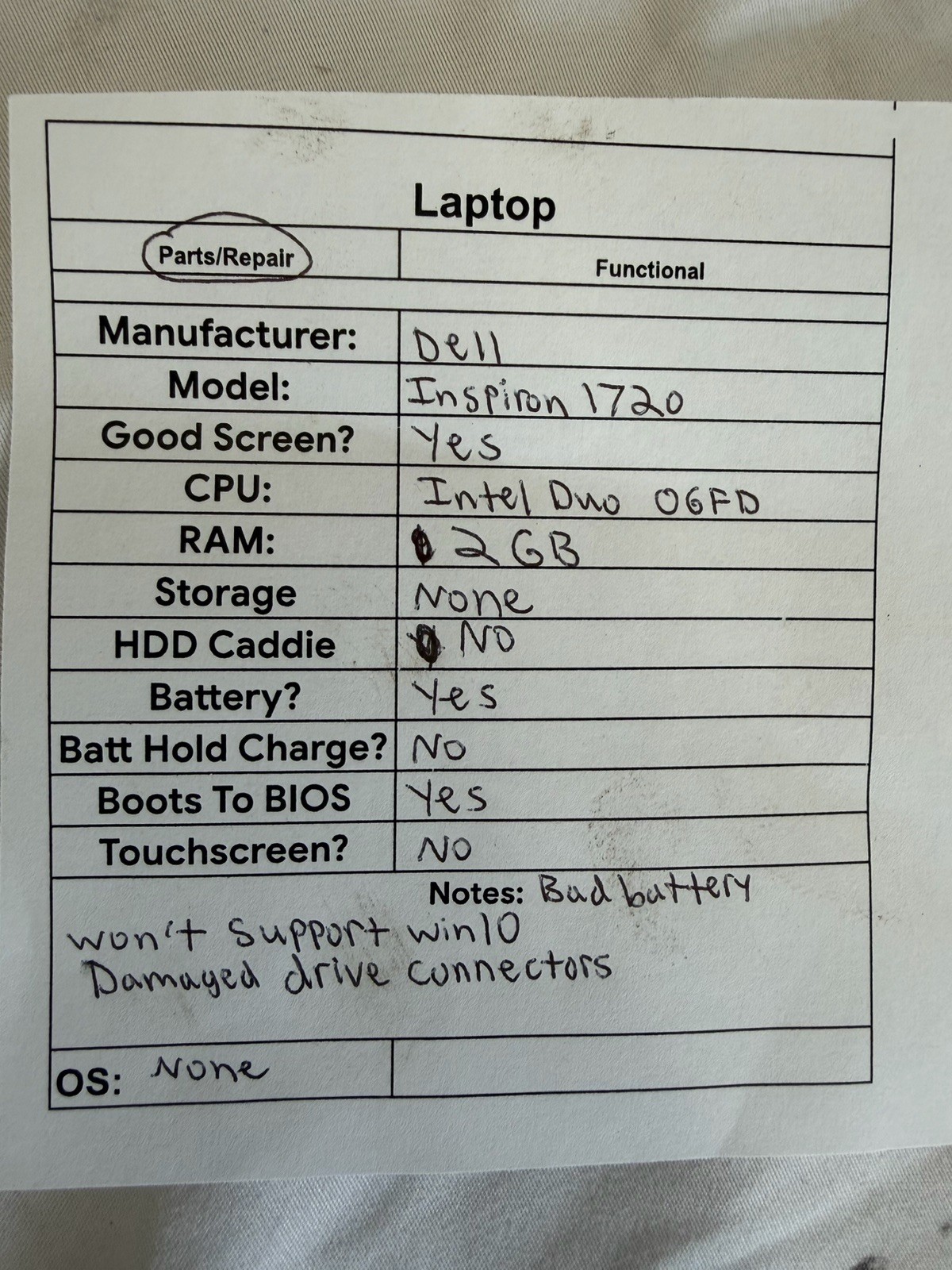 Dell Inspiron 1720 Laptop – Good Screen – Intel Duo 06FD – Read Des