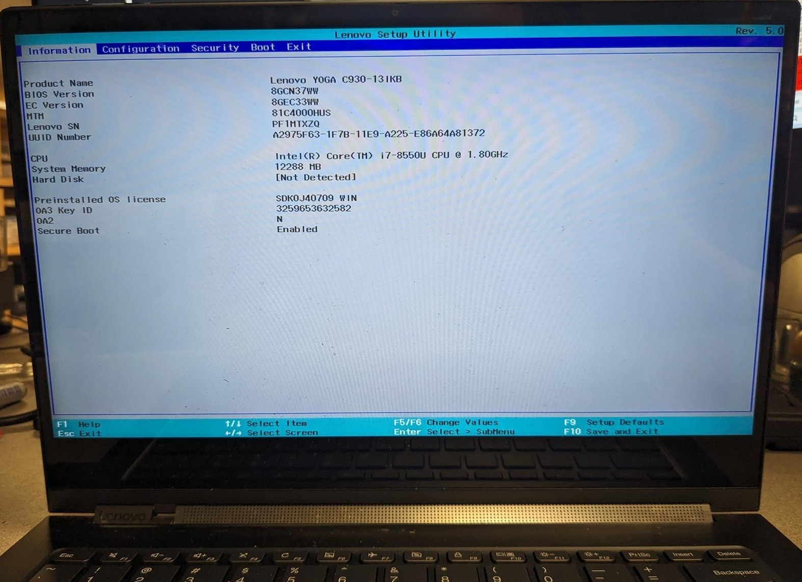 LENOVO YOGA C930-13IKB i7-8550U @ 1.80GHz, 12GB RAM, NO HDD/OS