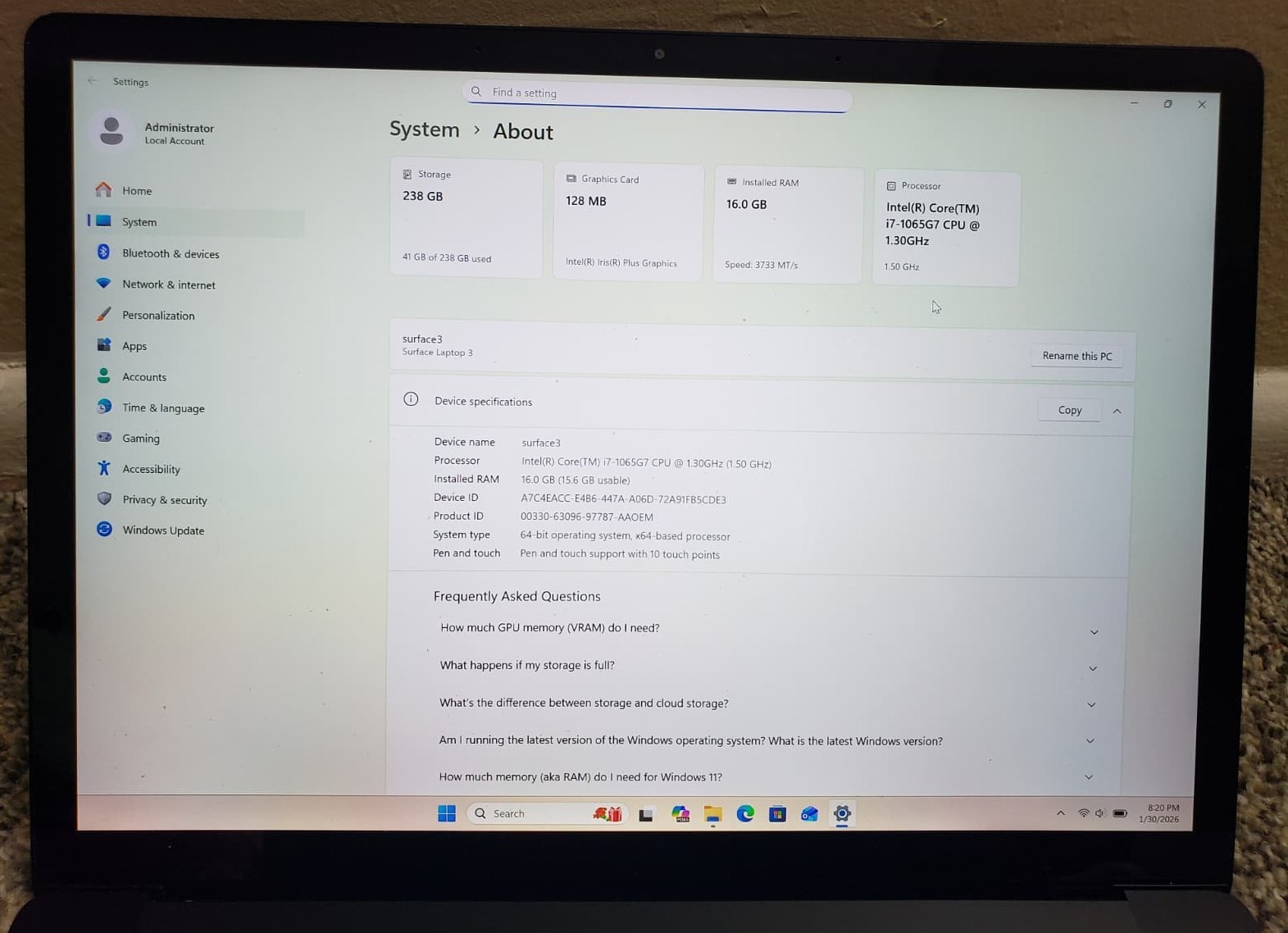 Microsoft Surface Laptop 3 13.5″ (256GB SSD, Intel Core i7 10th Gen., 3.90 GHz,