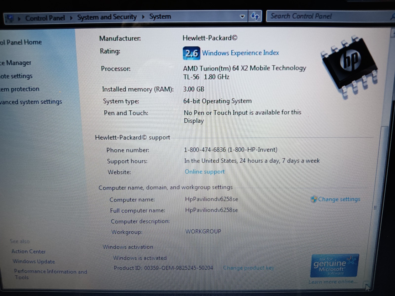 Hp Pavilion dv6258se/Amd Turion TL-56 1.80/3gb/250gb/Windows 7 Home/Vga/15.4.”