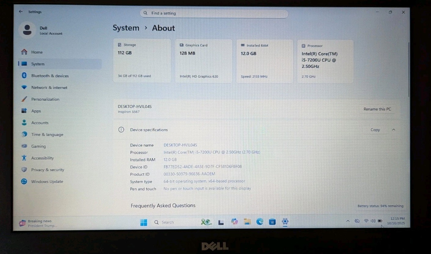 Dell Inspiron 5567 15.6″ Core i5-7200U 2.50GHz 12GB RAM 128GB SSD Windows 11