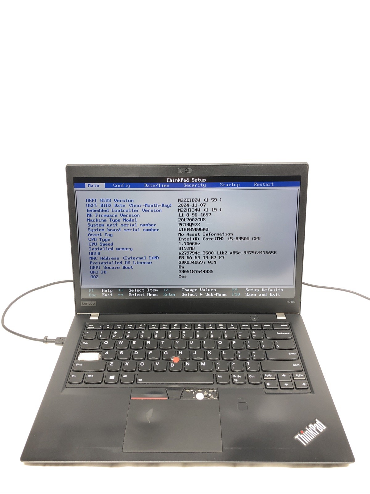 Lenovo ThinkPad T480s, Intel Core i5-8350U @1.70Ghz, 8GB RAM, NO SSD/OS, TESTED!