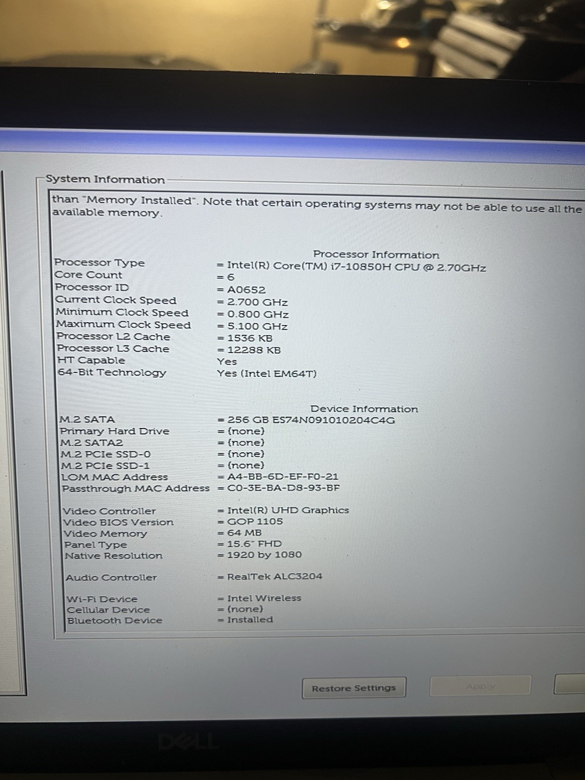 Dell Precision 3551 15″ FHD i7-10850H 2.70G 16GB 256GB SSD – Win 11 Pro