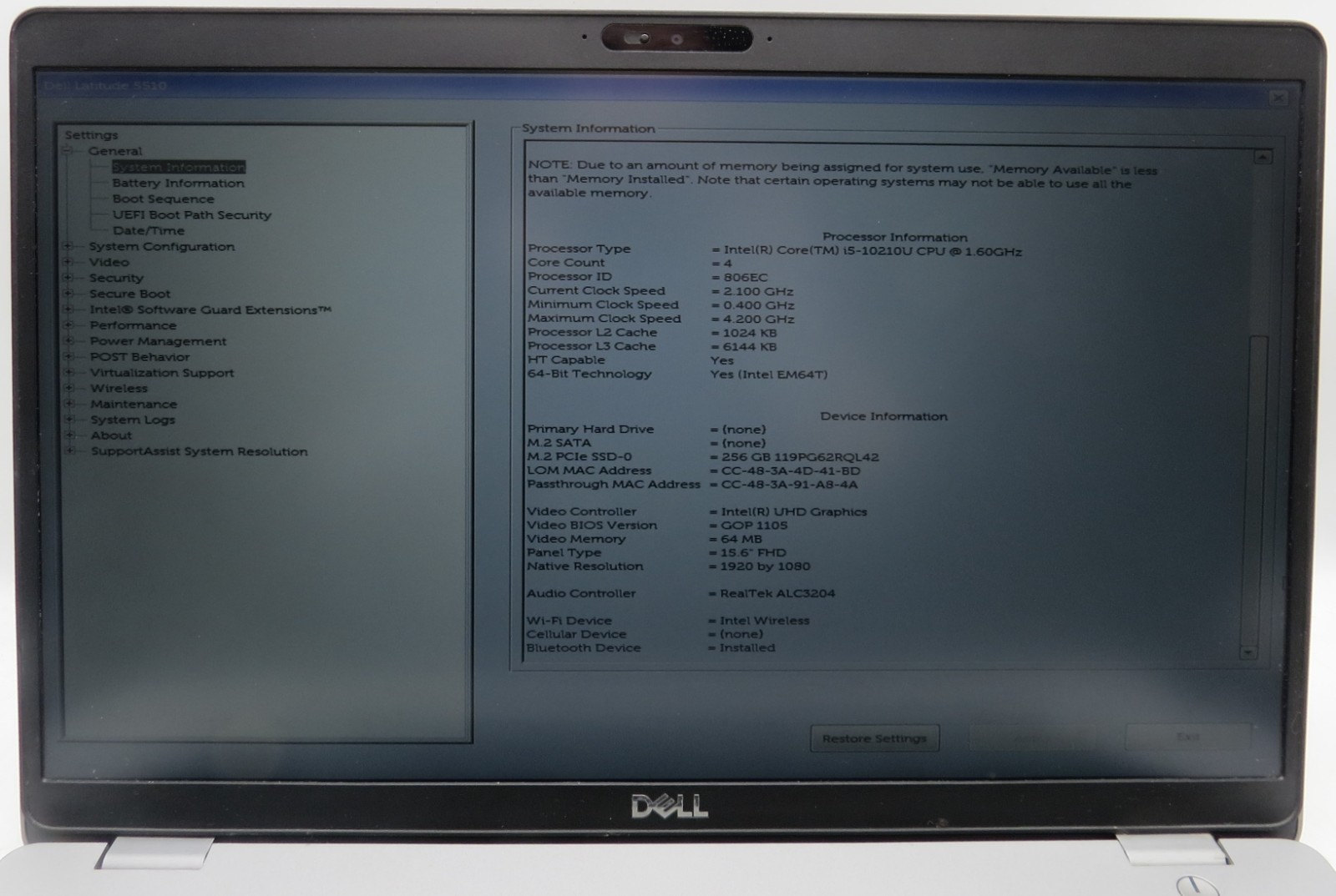 Dell Latitude 5510 i5-10210U @1.60GHz 8GB RAM 256GB NVME WIN 11 Pro *READ*