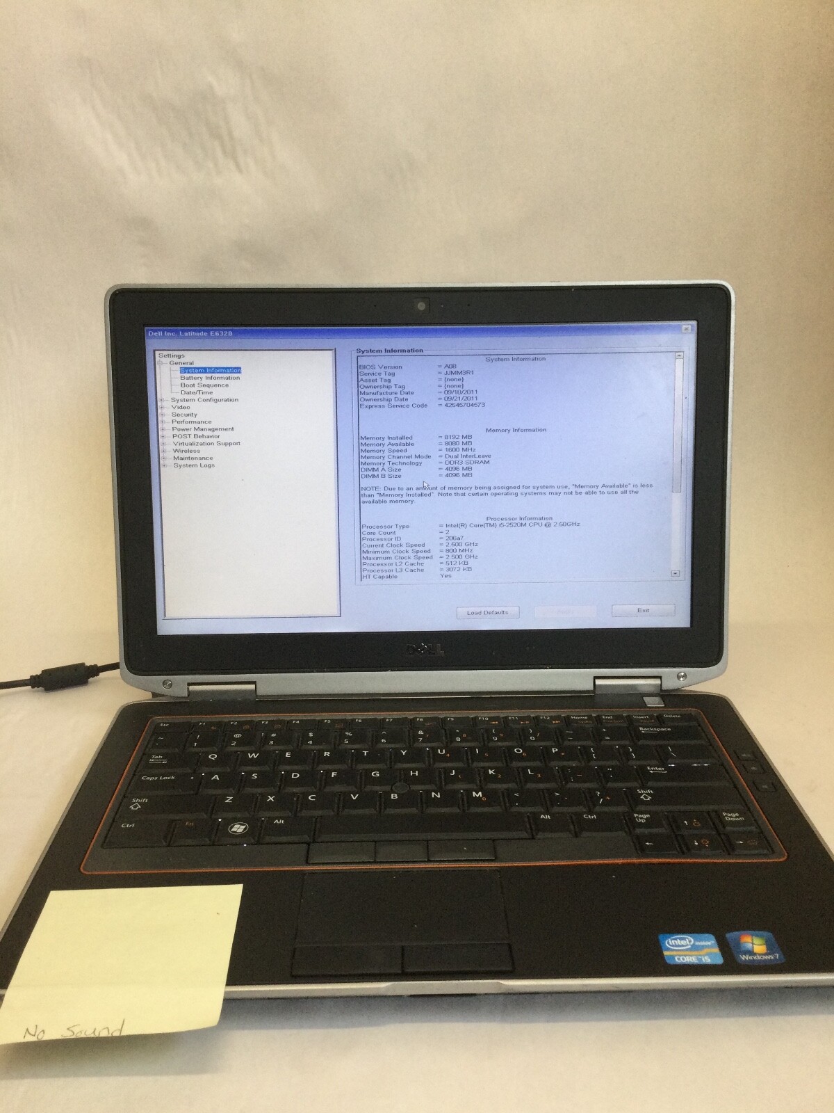 DELL LATITUDE E6320 – INTEL I5 2520M – 8GB RAM – BOOTS TO BIOS – FOR PARTS – BB!