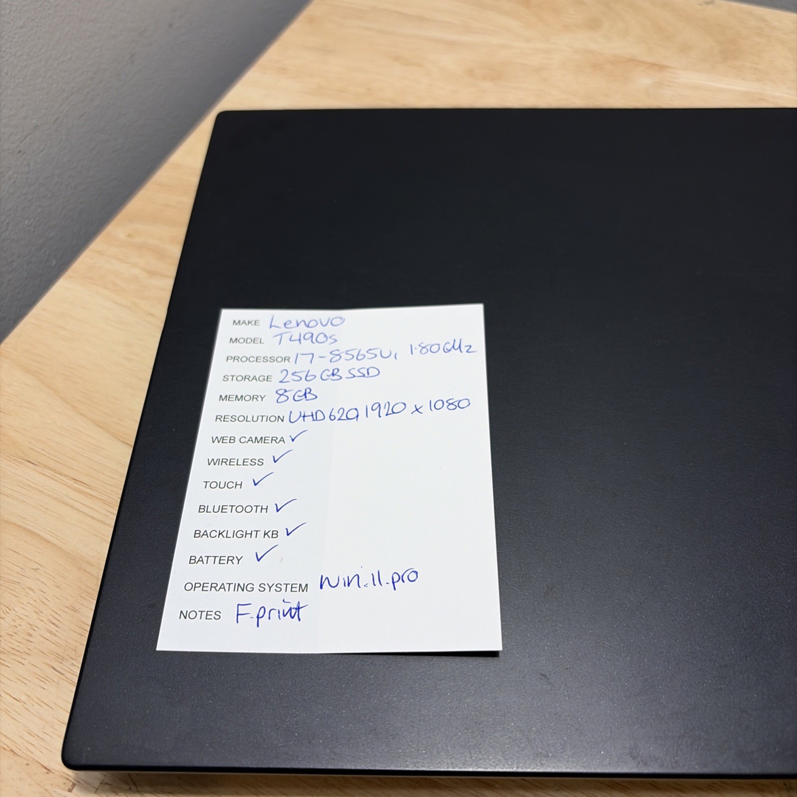 Lenovo ThinkPad T490s Core i7-8565U 1.80GHZ , 8GB 256GB SSD WCam Win 11 Pro Cord