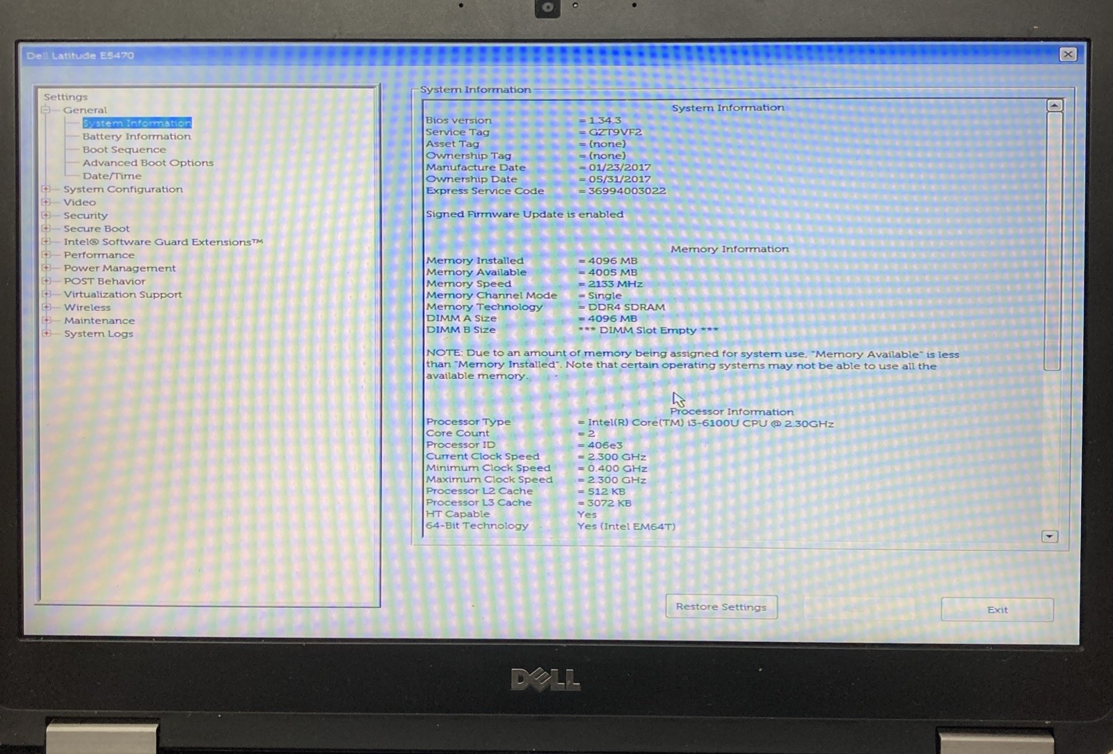 DELL LATITUDE E5470 INTEL CORE I3-6100U 2.30GHZ no RAM NO HD Boot to BIOS