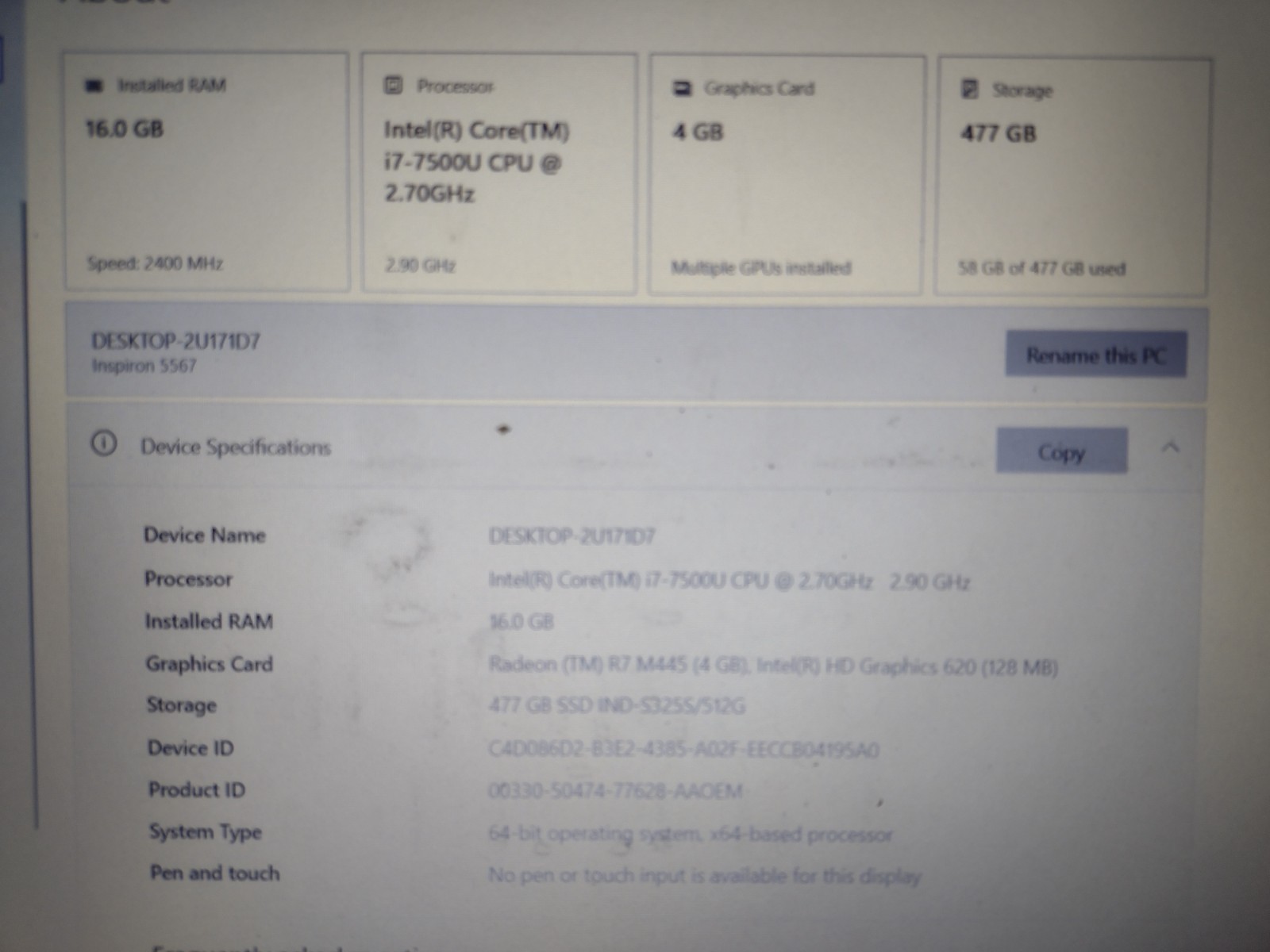 Dell Inspiron 15 5567 16GB RAM 2.70 GHz i7-7500U *No OS* Read