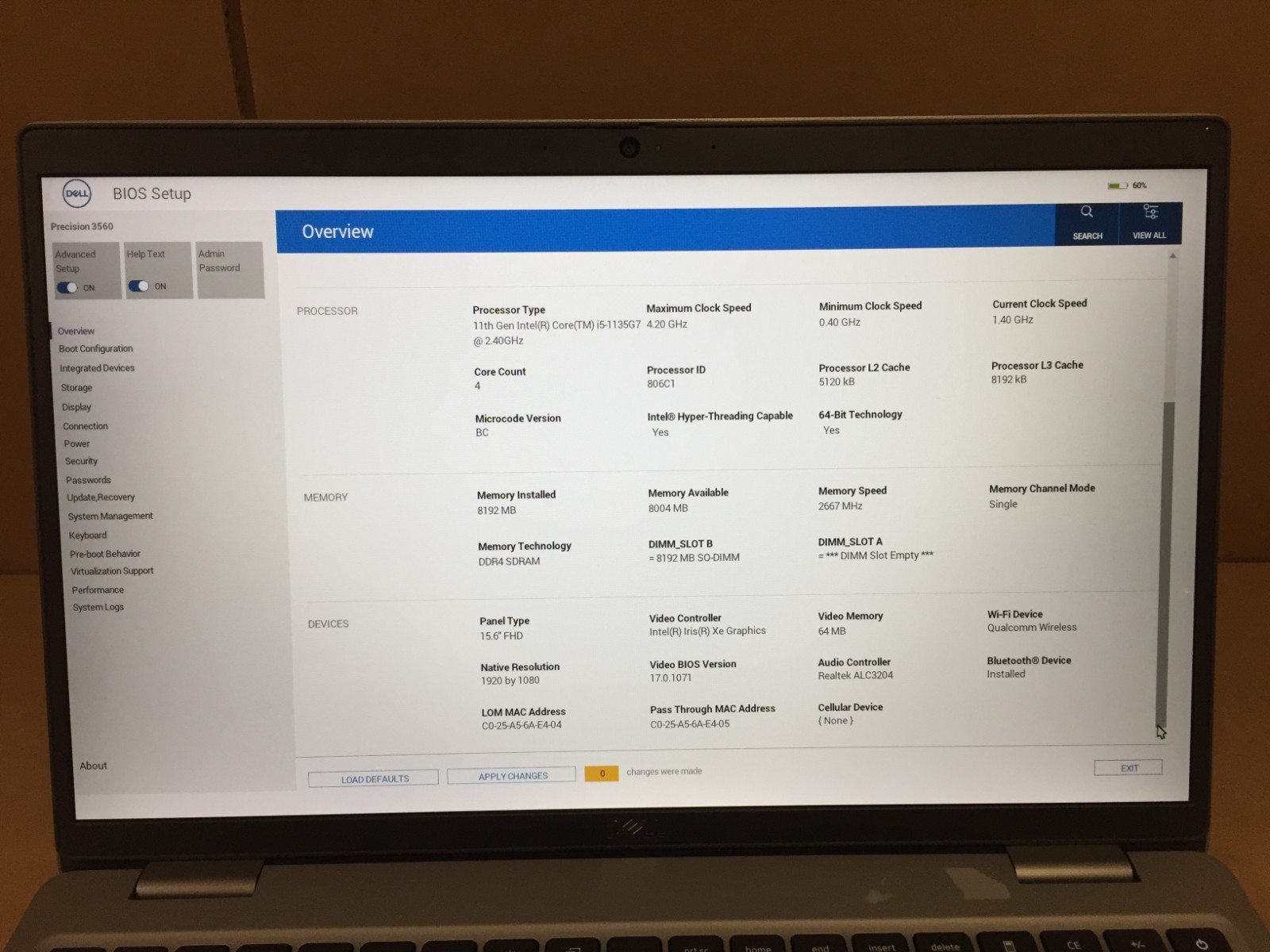 Dell Precision 3560 15.6″ FHD Laptop i5-1135G7 8GB RAM Backlit KB No SSD/AC #