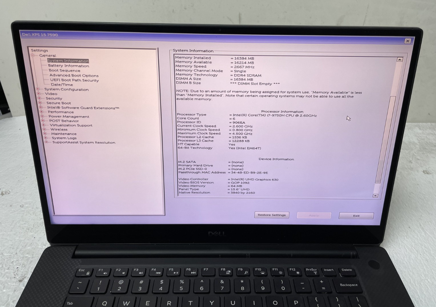 Dell XPS 15 7590 15.6″ Intel i7-9750H @2.60GHz 16GB RAM NO SSD For Parts *READ