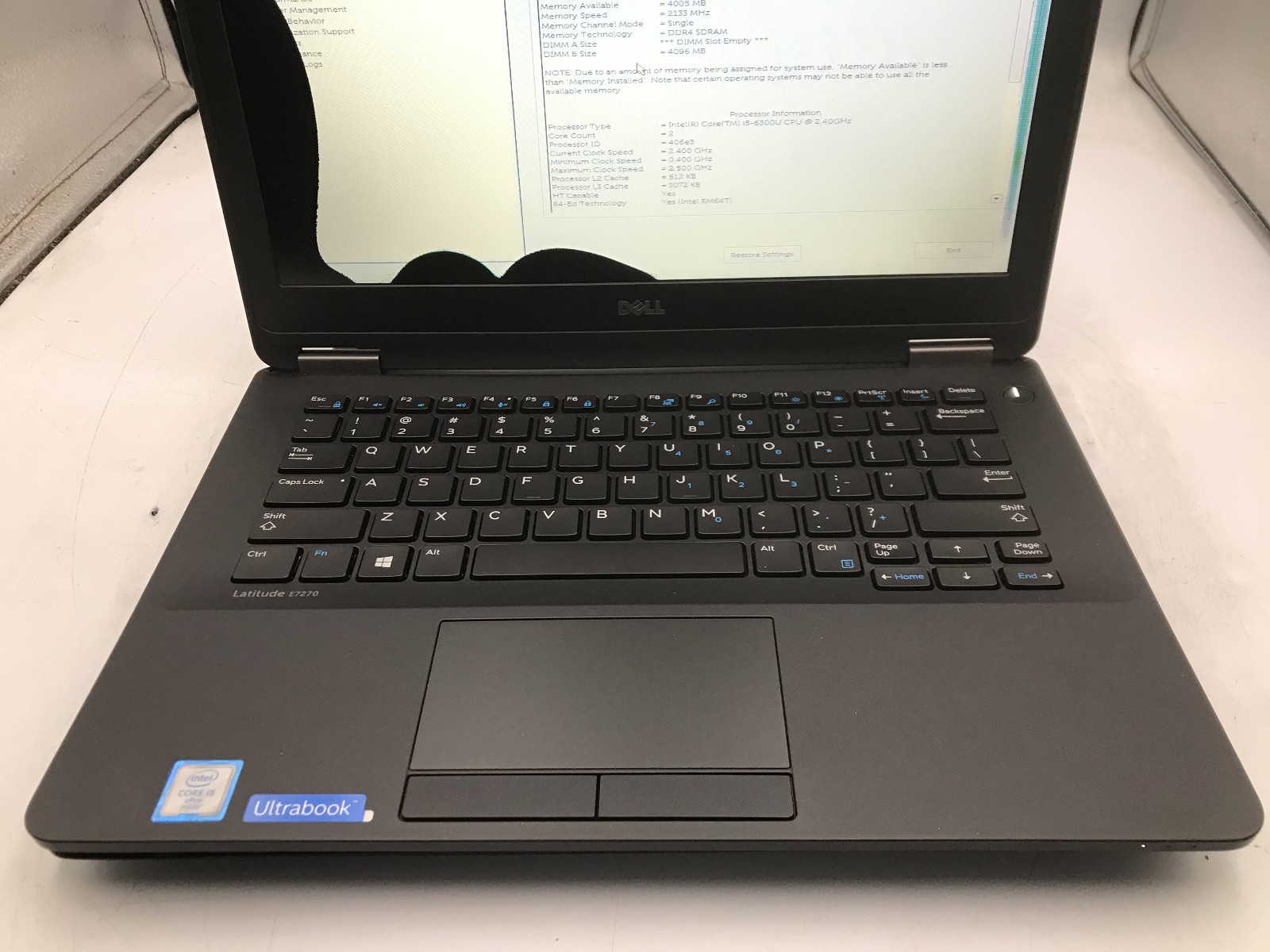 DELL LATITUDE E7270 – BOOTS TO BIOS/BAD LCD – INTEL I5 6300U – NO RAM – READ -BB