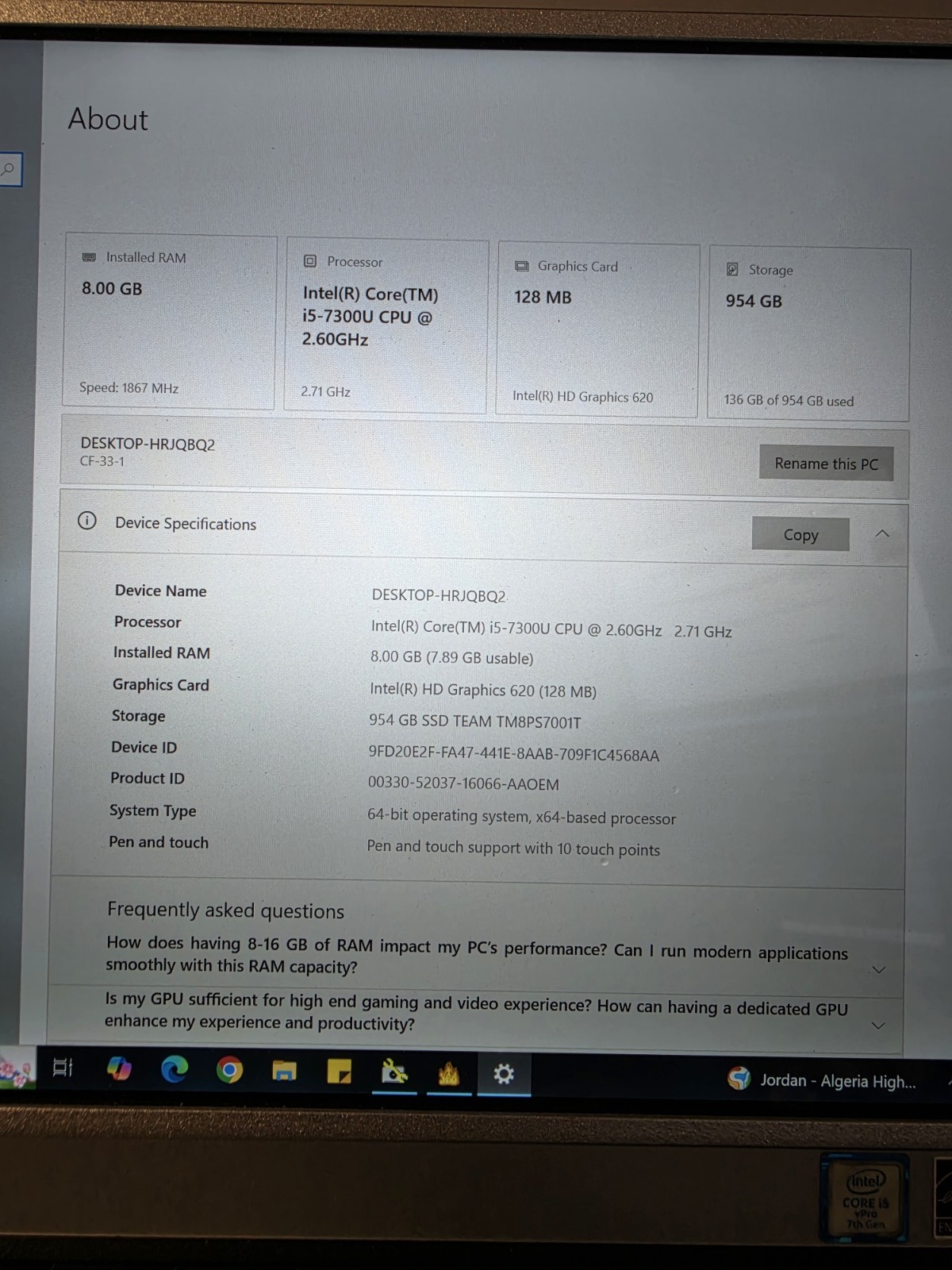 CF-33 Panasonic Core i5 @ 7th GEN 8GB 1TB HDD WIN10 PRO Touchscreen ORANGE