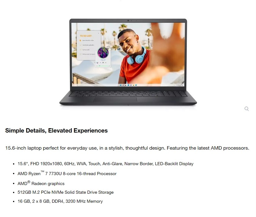 Dell Inspiron 15.6″ Touch Laptop 8 core AMD Ryzen 7 32GB RAM 1TB SSD Win11Pro