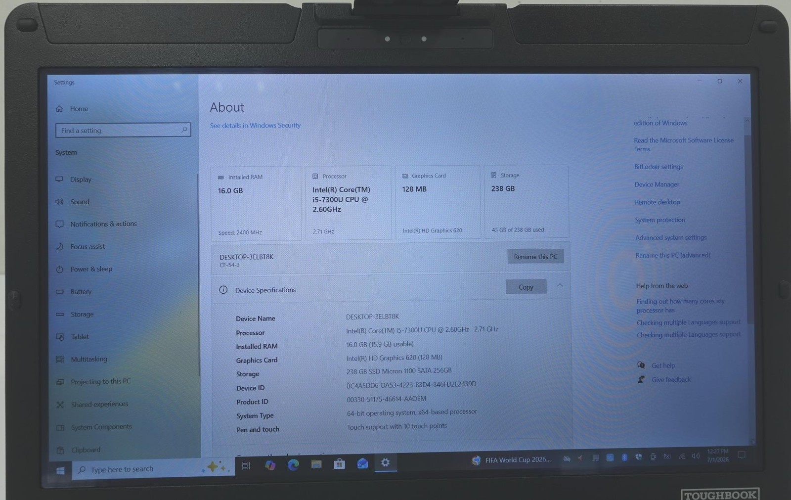 Panasonic Toughbook CF-54 Core i5-7300U 2.60GHz 16GB 256GB Touch