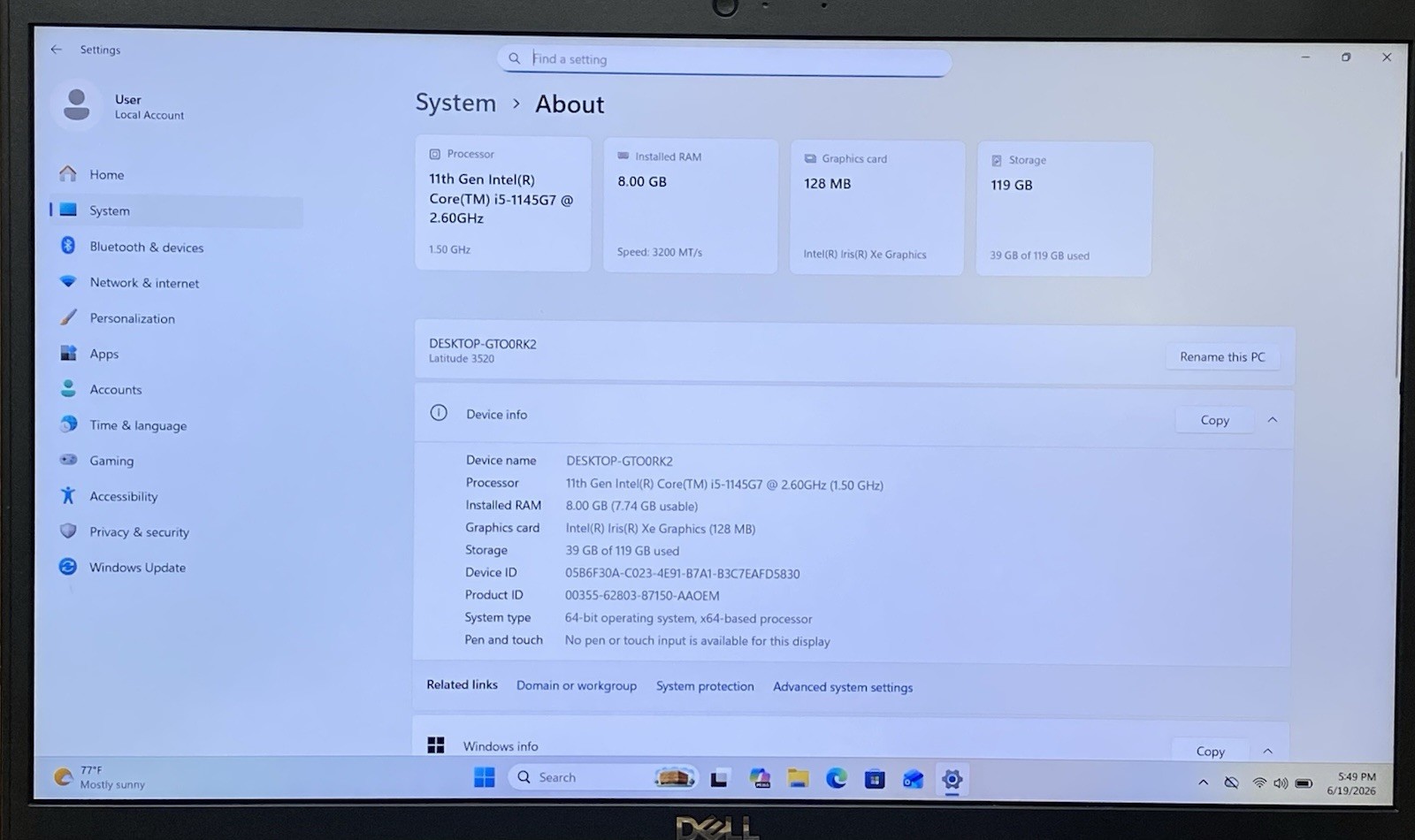 DELL LATITUDE 3520 Core i5-1145G7 @ 2.60GHz 128GB SSD 8GB RAM Windows 11 Pro