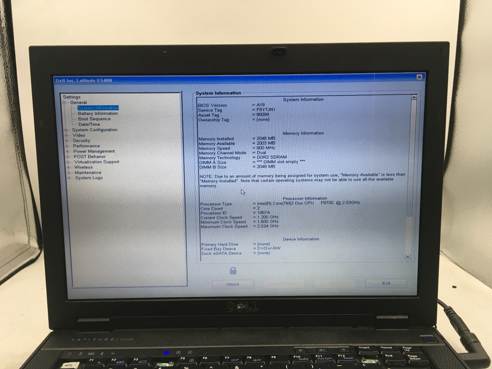 DELL LATITUDE E5400 – BOOTS TO BIOS/LOCKED – INTEL CORE 2 DUO P8700 – NO RAM -BB