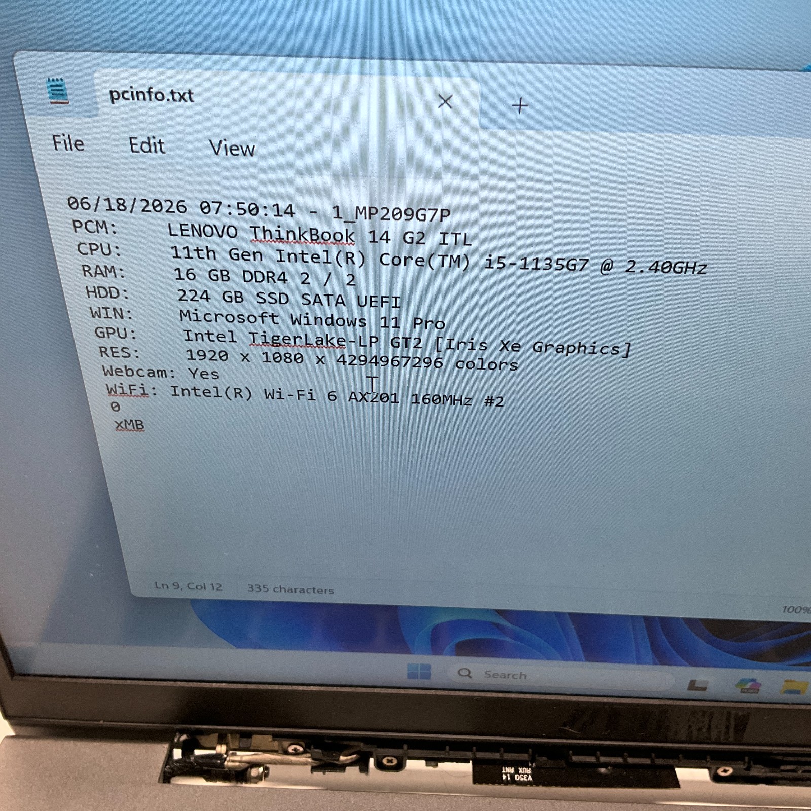 Lenovo ThinkBook14 G2 ITL Laptop Intel i5-1135G7 @ 2.40 GHz 16GB 240GB SSD READ