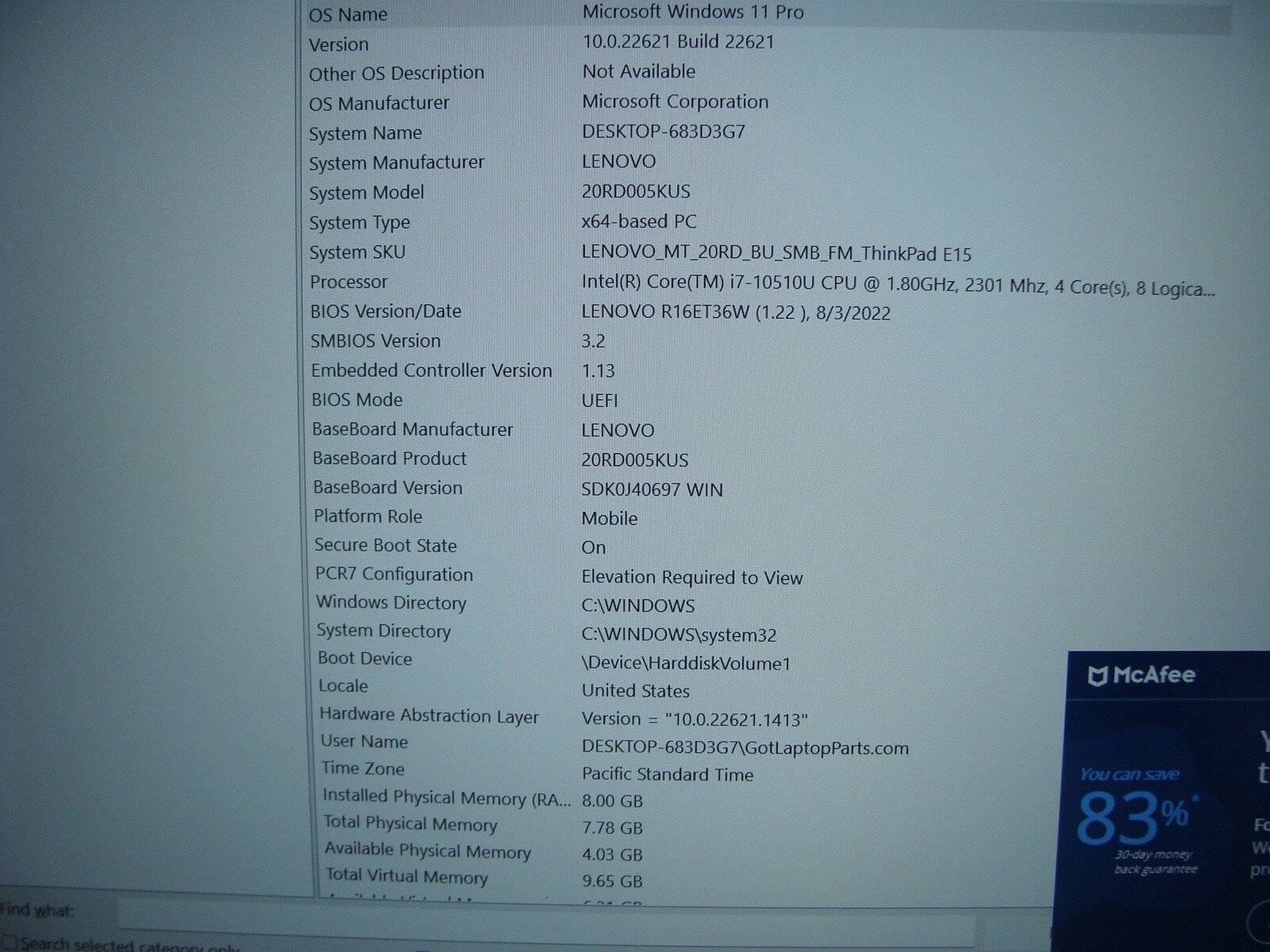 88% Battery Grade B Lenovo Thinkpad E15 Intel i7-10510U 2.3Ghz 8GB RAM 256GB SSD