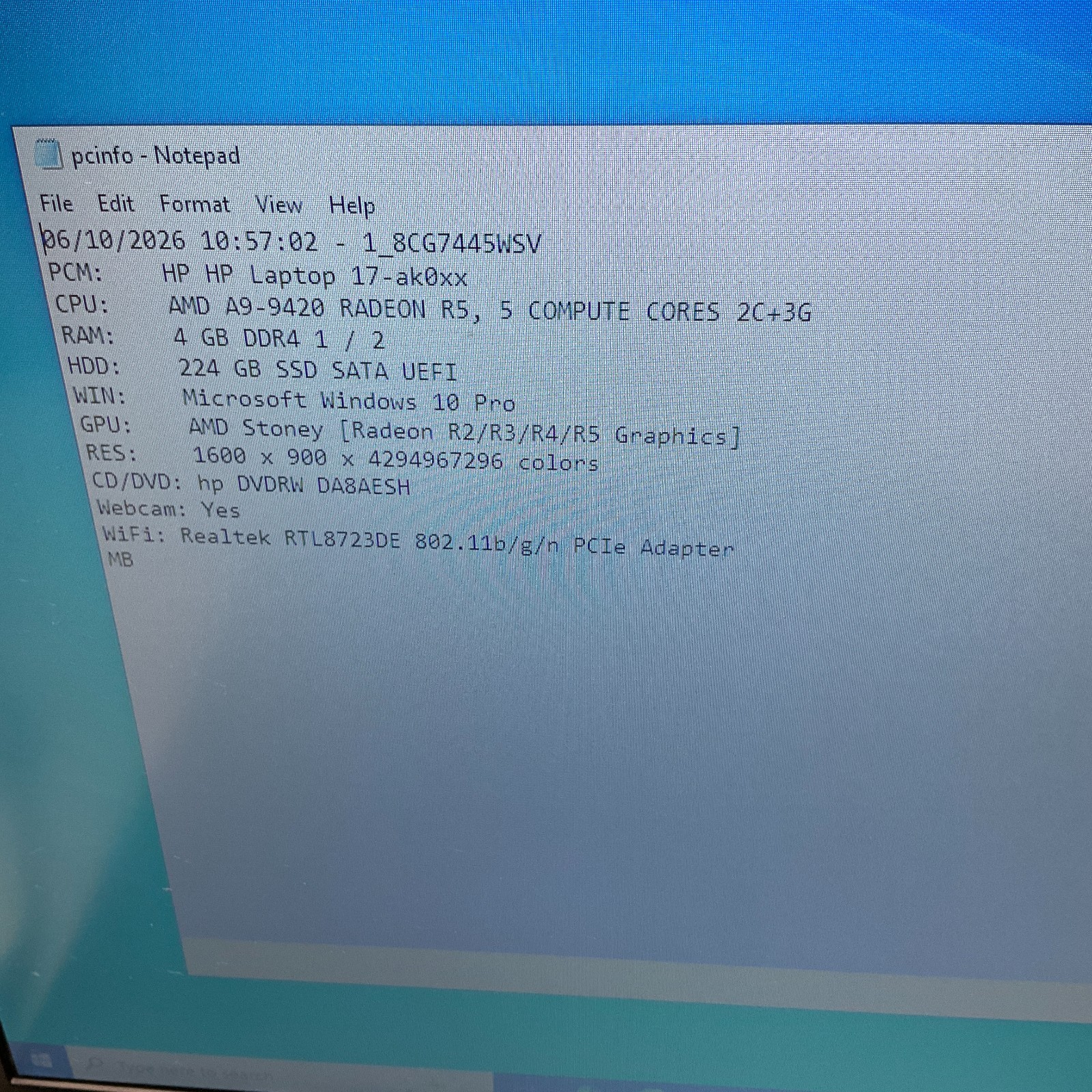 HP 17-AK061NR 17.3″ Laptop AMD A9-9420 4GB 250GB SSD Windows 10 Pro NO BATTERY