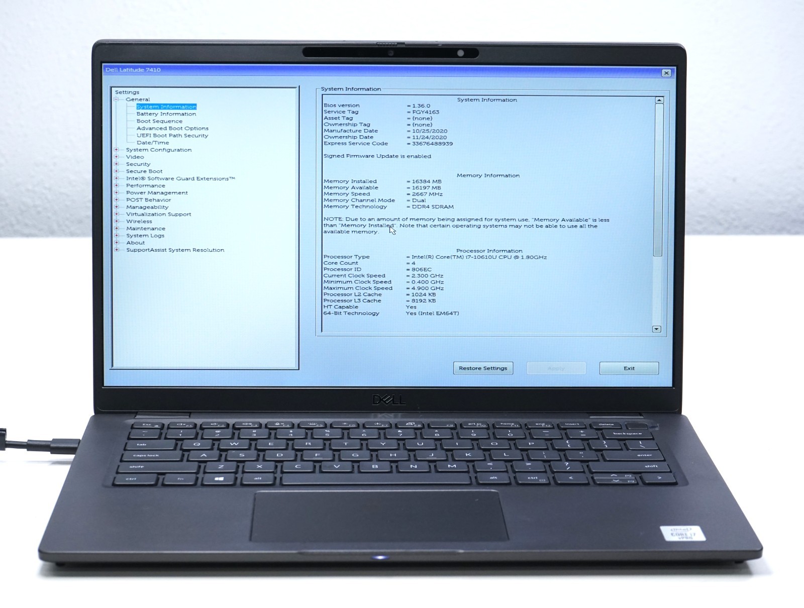 Dell Latitude 7410 Laptop Intel Core i7-10610U @1.80GHz 16GB RAM (No SSD)