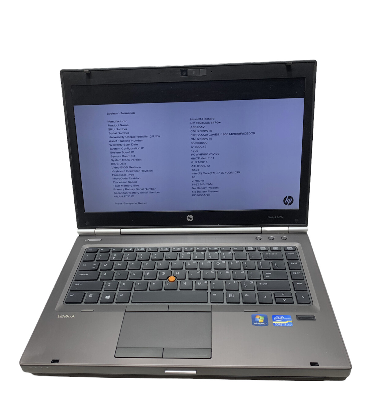 HP EliteBook 8470w Intel i7-3740QM 2.7GHz 4GB RAM not hard drive