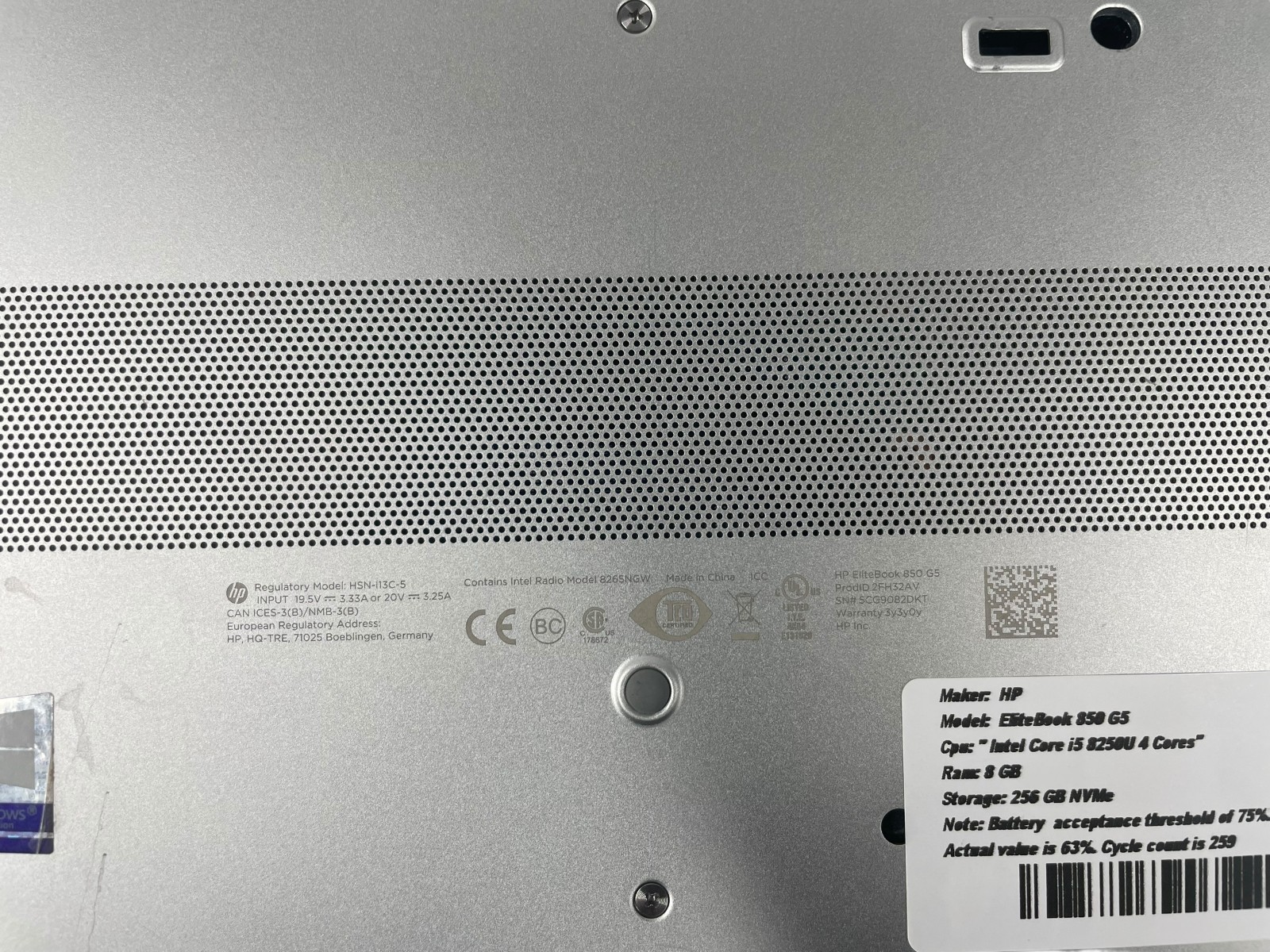 HP EliteBook 850 G5 Intel Core i5 8250U 4 Cores 8 GB 256 GB NVMe Win. 11