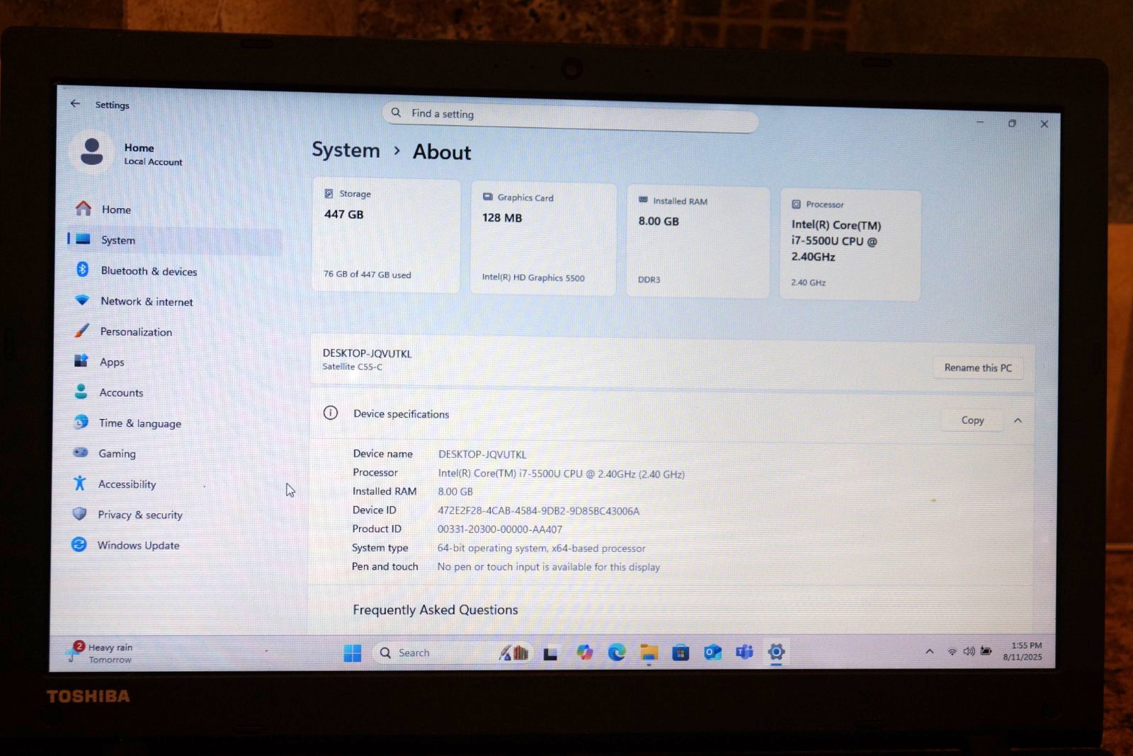 Active 24H2 WIN11 Pro Toshiba C55-C5381 Gen5 i7@2.40GHz,8GB RAM 480GB SSD