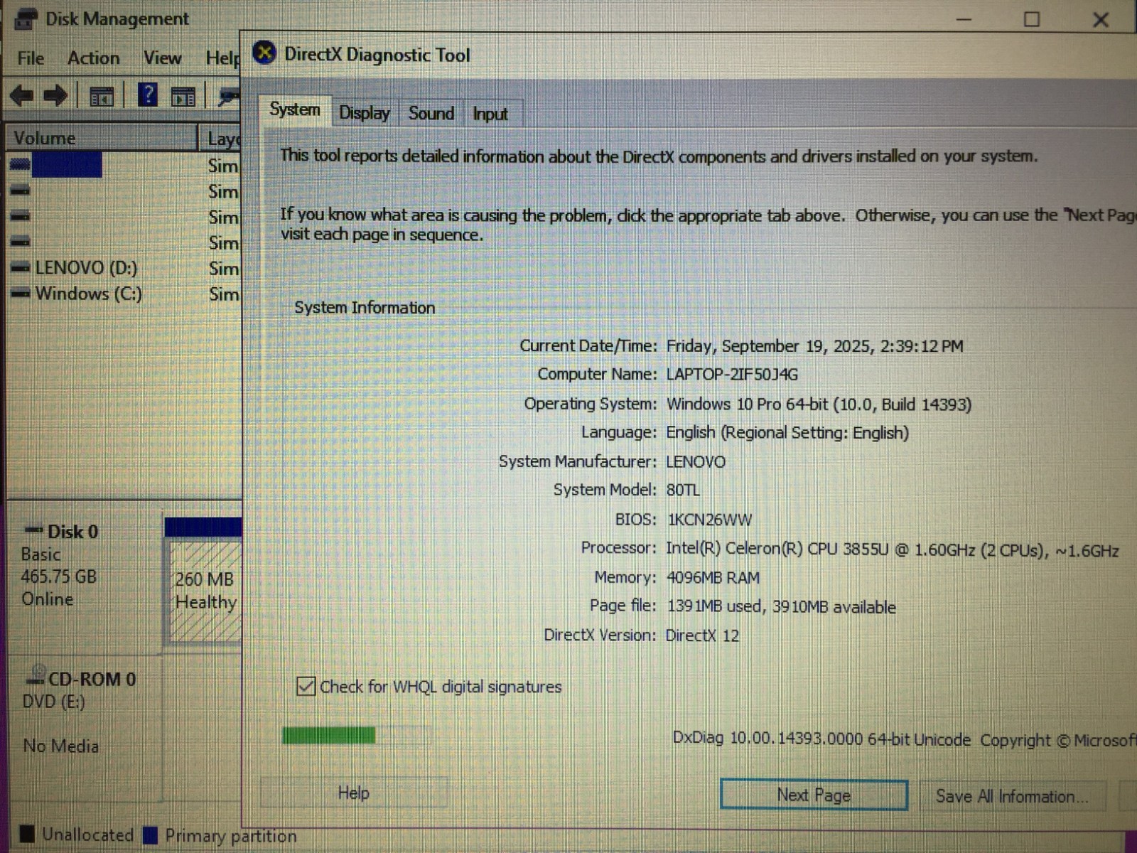 *Bad Battery*Lenovo V110-15ISK 15.6″ Laptop/Celeron 3855U/4GB /500GB HDD/W10 Pro