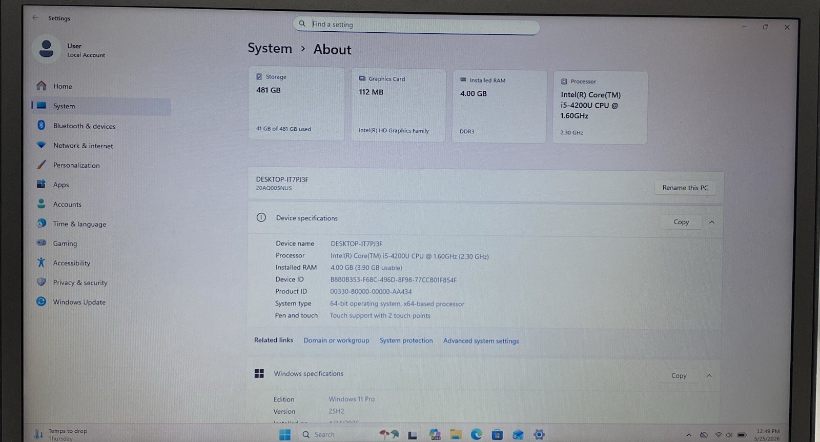 Lenovo ThinkPad T440s 14″ Core i5-4200U @1.6GHz 4GB RAM 500GB HDD Windows 11 Pro