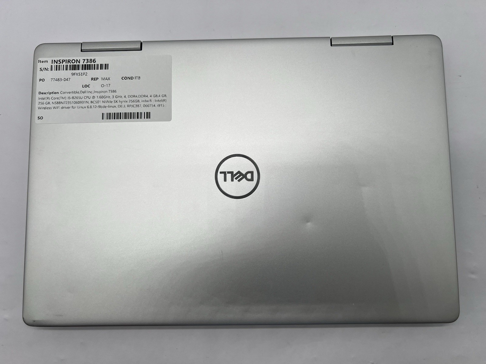 Dell Inspiron 7386, i5-8265U CPU, @ 1.60GHz, 8GB RAM, 256GB NVMe-No OS/Charger